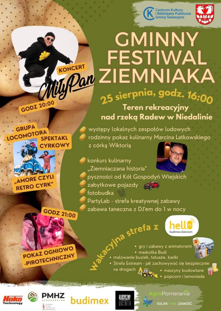 Plakat z zaproszeniem na gminny festiwal ziemniaka w Świeszynie 25 sierpnia 2023