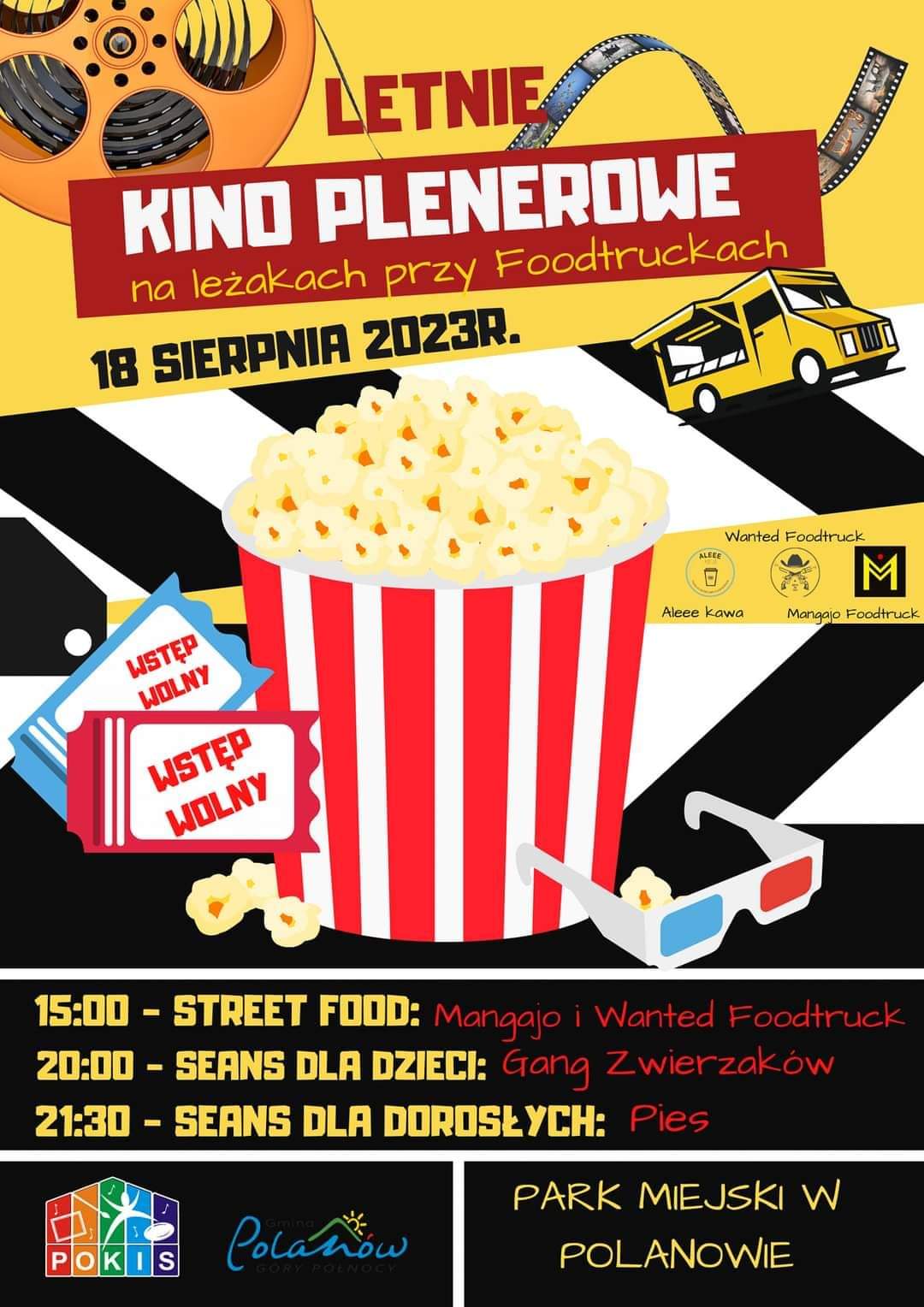 Plakat z zaproszeniem na letnie kino plenerowe w Polanowie 18 sierpnia 2023
