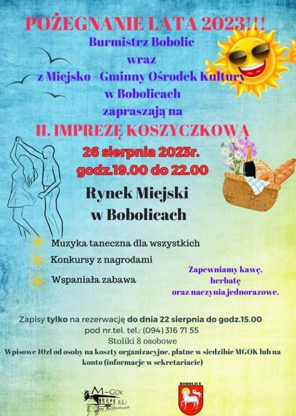 Plakat z zaproszeniem na pożegnanie lata 2023 w Bobolicach w dniu 26 sierpnia 2023
