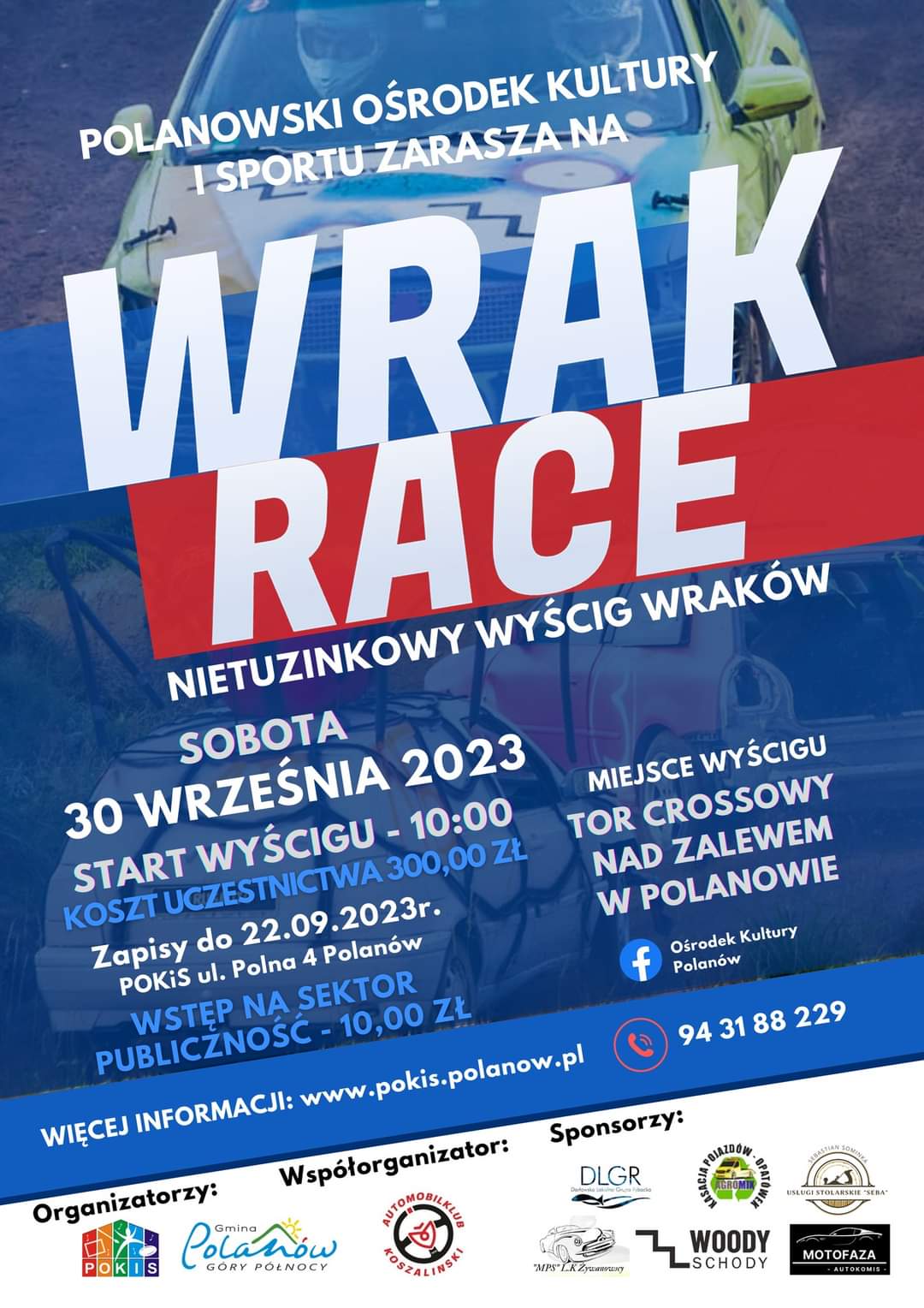 Plakat z zaproszeniem na wyścig wraków w Polanowie 30 września 2023