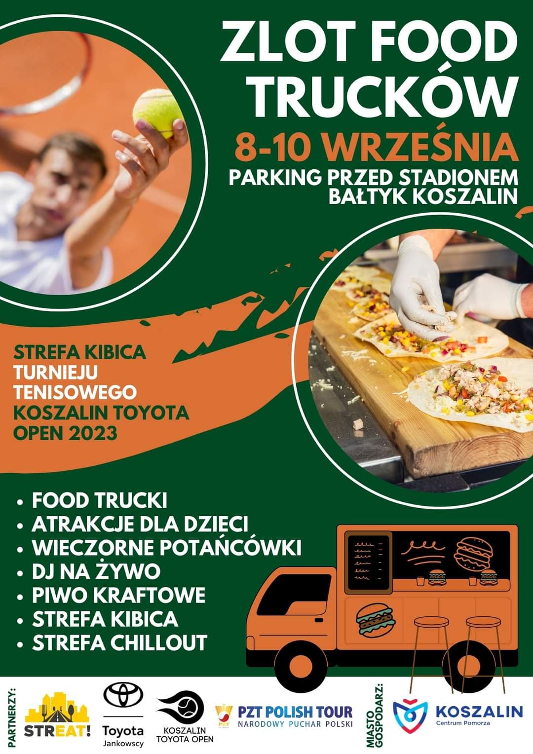 Plakat z zaproszeniem na zlot food trucków podczas wydarzenia turnieju tenisa odbywającego się w dniach 8 do 10 września 2023 stadion sportowy Bałtyk Koszalin