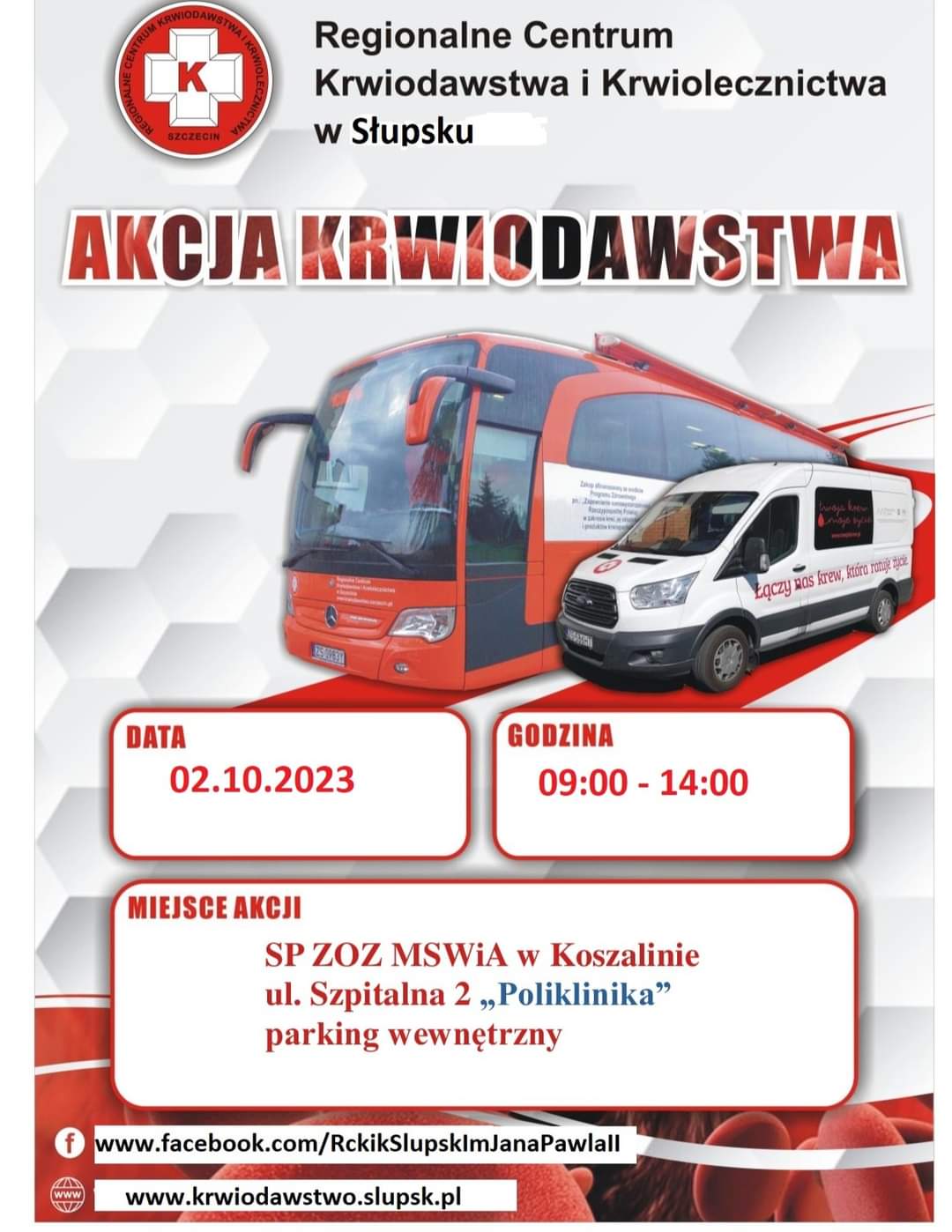 Plakat z zaproszeniem na akcję krwiodawstwa w Poliklinice w Koszalinie w dniu 2 października 2023 od godziny 9 ulica Szpitalna 2