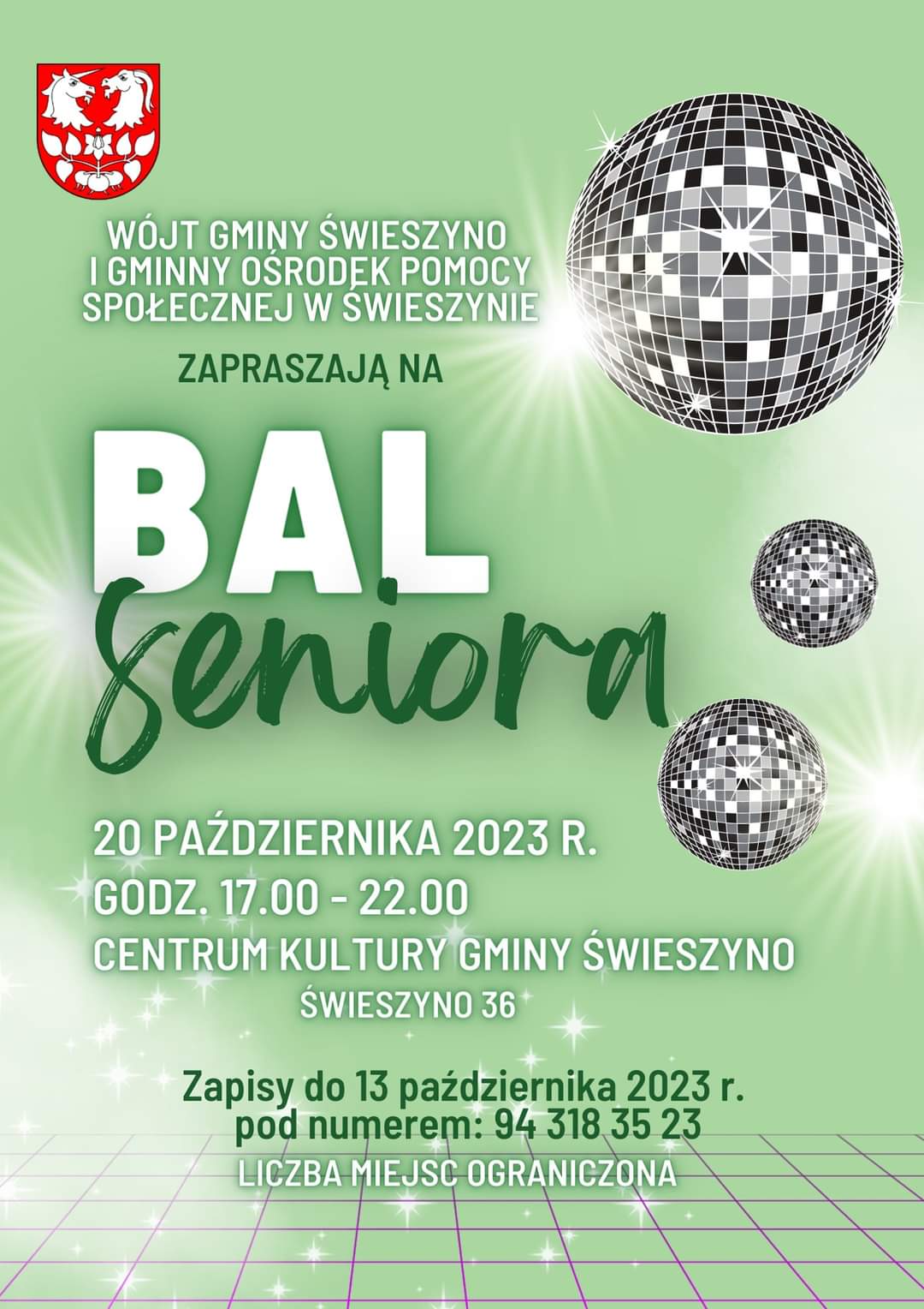 Plakat z zaproszeniem na bal seniora w Świeszynie 20 października 2023
