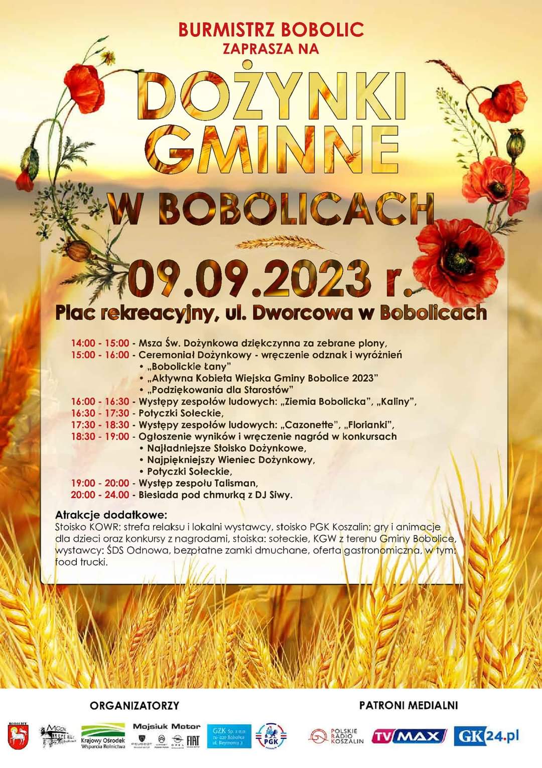Plakat z zaproszeniem na dożynki gminne w Bobolicach 9 wrzesnia 2023