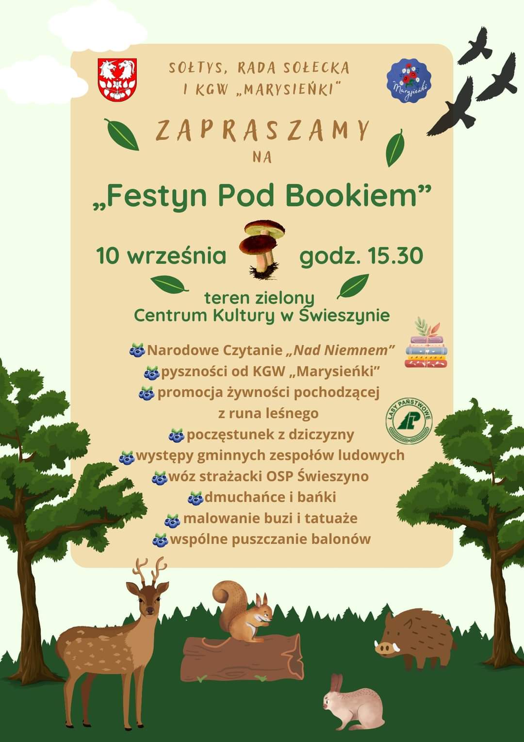 Plakat z zaproszeniem na festyn pod bookiem 10 września 2023 w Świeszynie