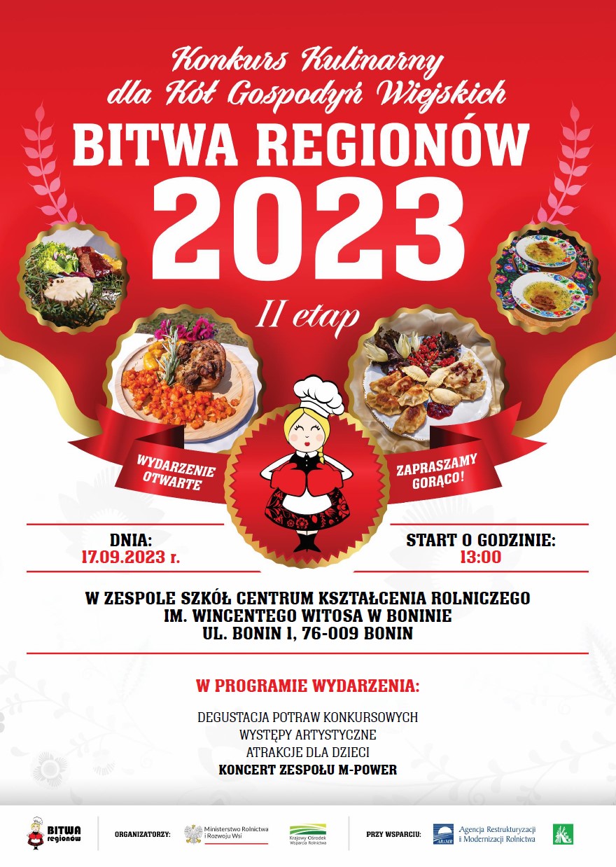 Plakat z zaproszeniem na konkurs kulinarny dla Kół Gospodyń Wiejskich Bitwa Regionaów 2023 w dniu 17 września 2023 w Boninie