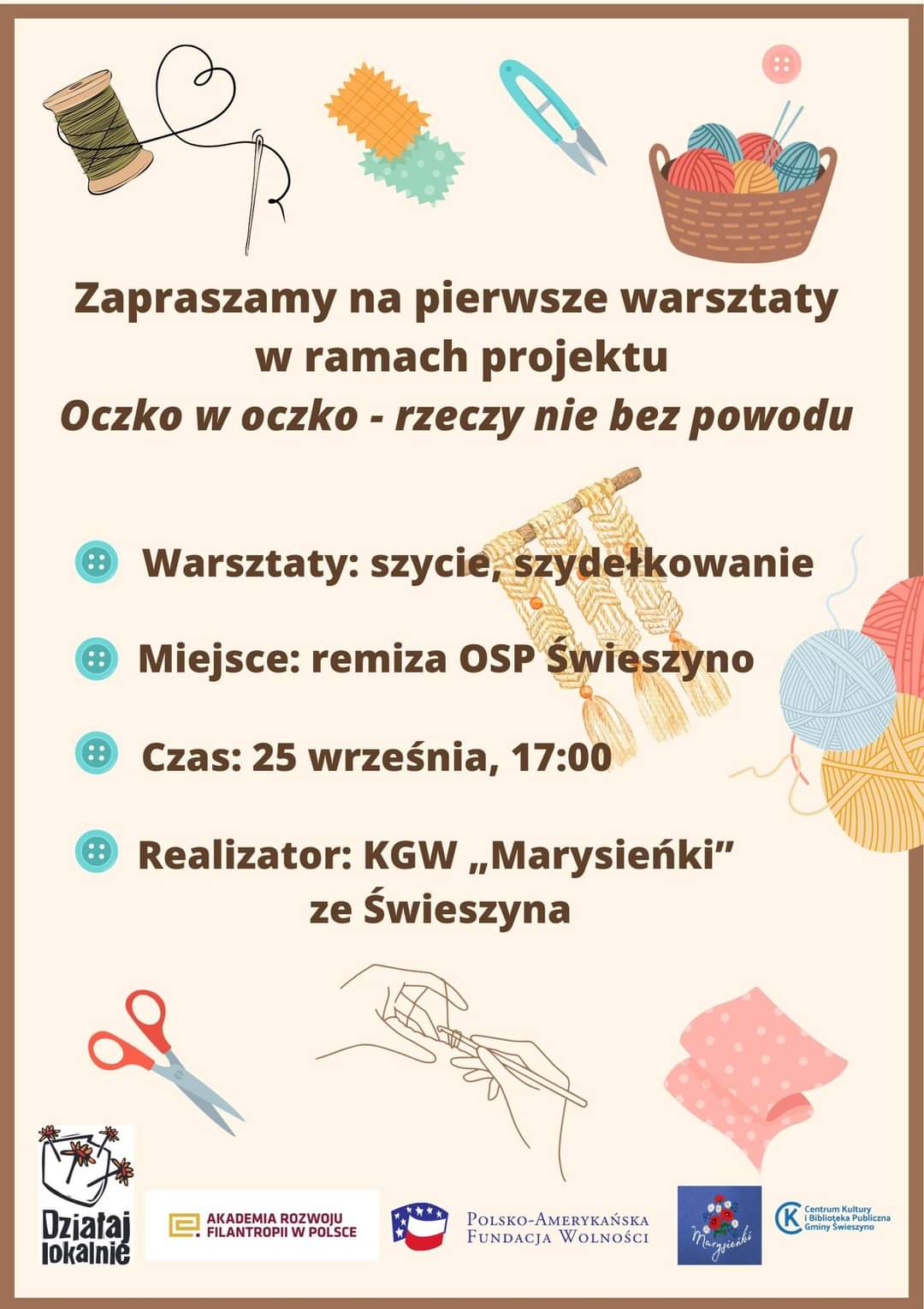 Plakat zapraszający na warszaty szycia i szydełkowania w Świeszynie 25 września 2023