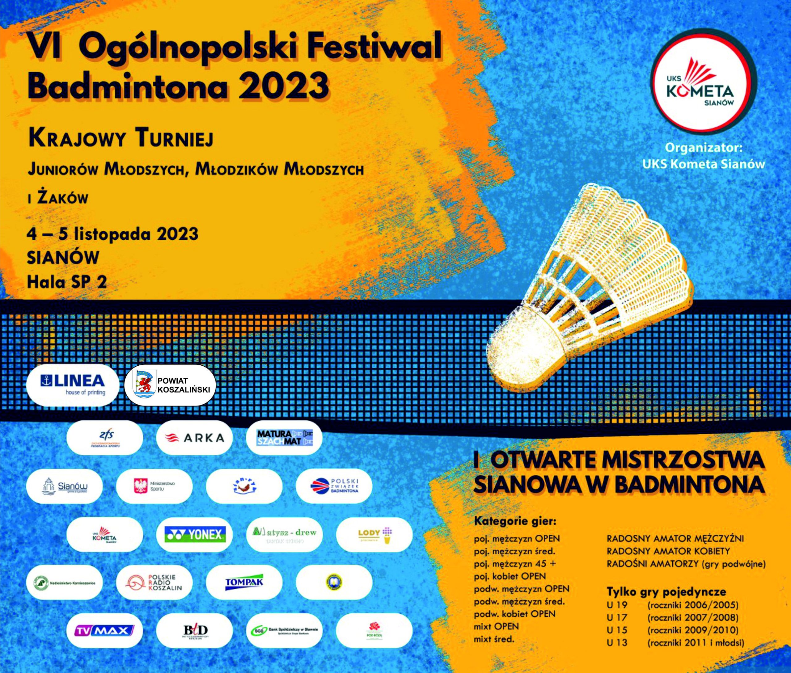 Baner 6 ogólnopolski festiwal badmintona 2023 w Sianowie 4 i 5 listopada 2023