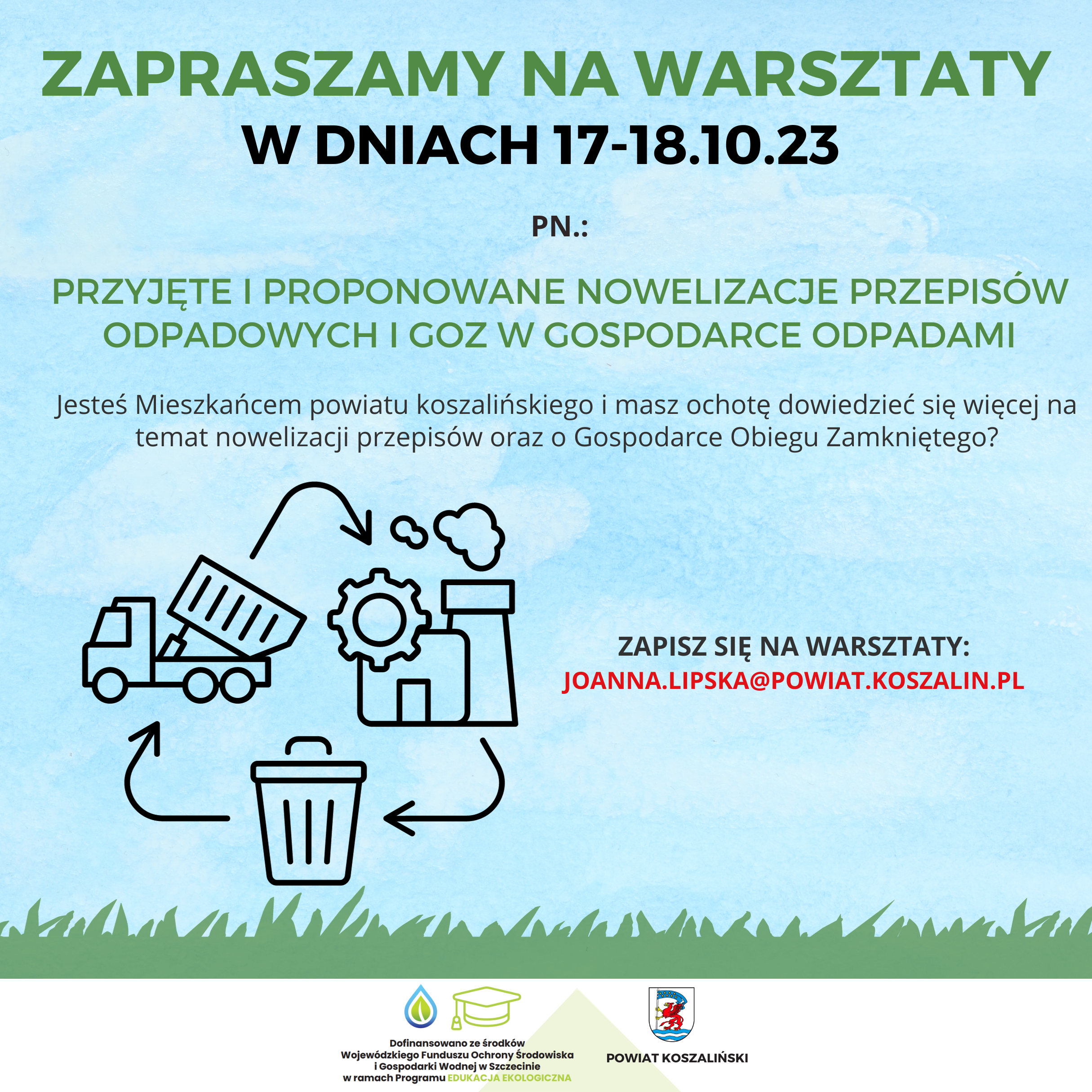 palakt z zaproszeniem na warsztaty w dniach 17 i 18 października 2023 dotyczące gospodarki odpadami