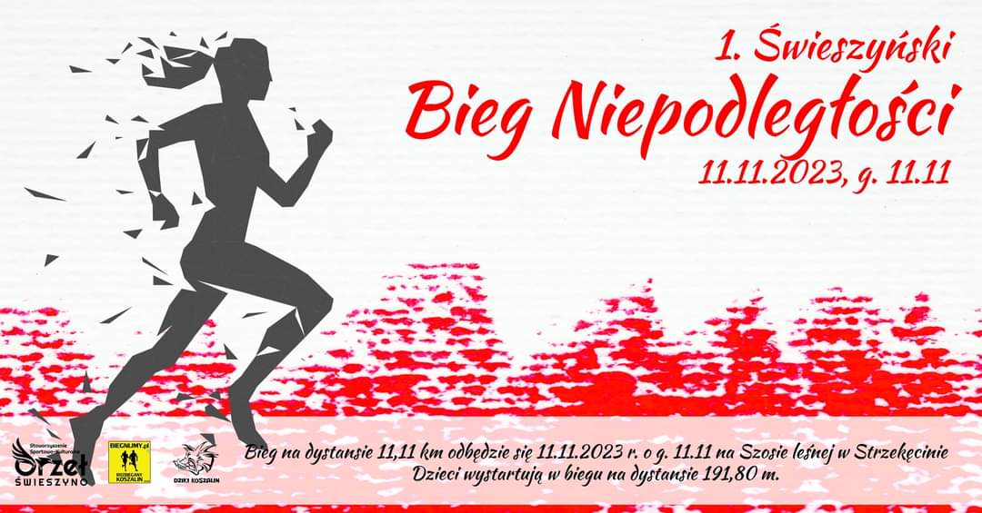 Plakat z zaproszeniem na 1 świeszyński bieg niepodległości w dniu 11 listopada 2023