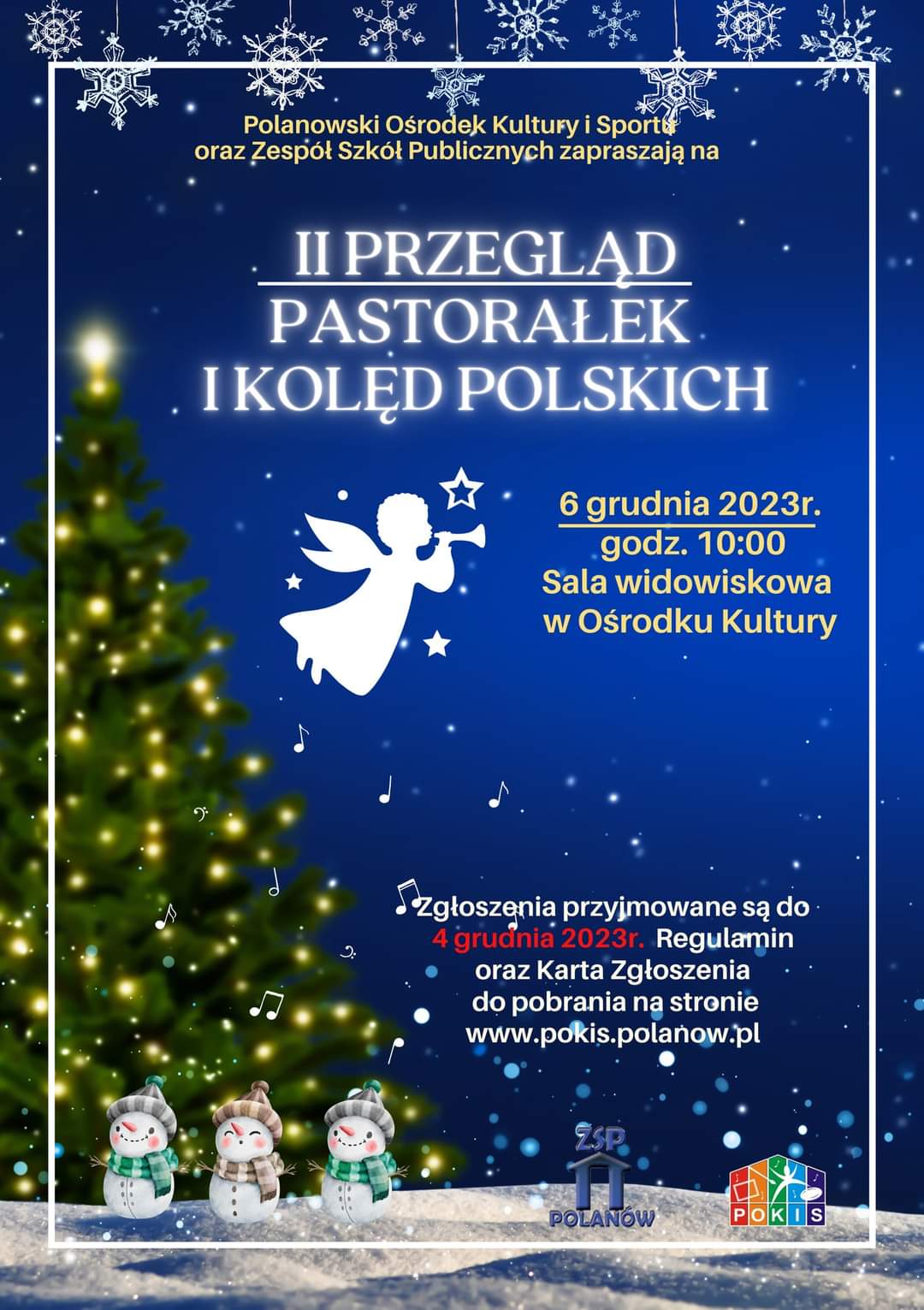 Plakat z zaproszeniem na 2 przegląd pastorałek i kolęd polskich w Polanowie 6 grudnia 2023