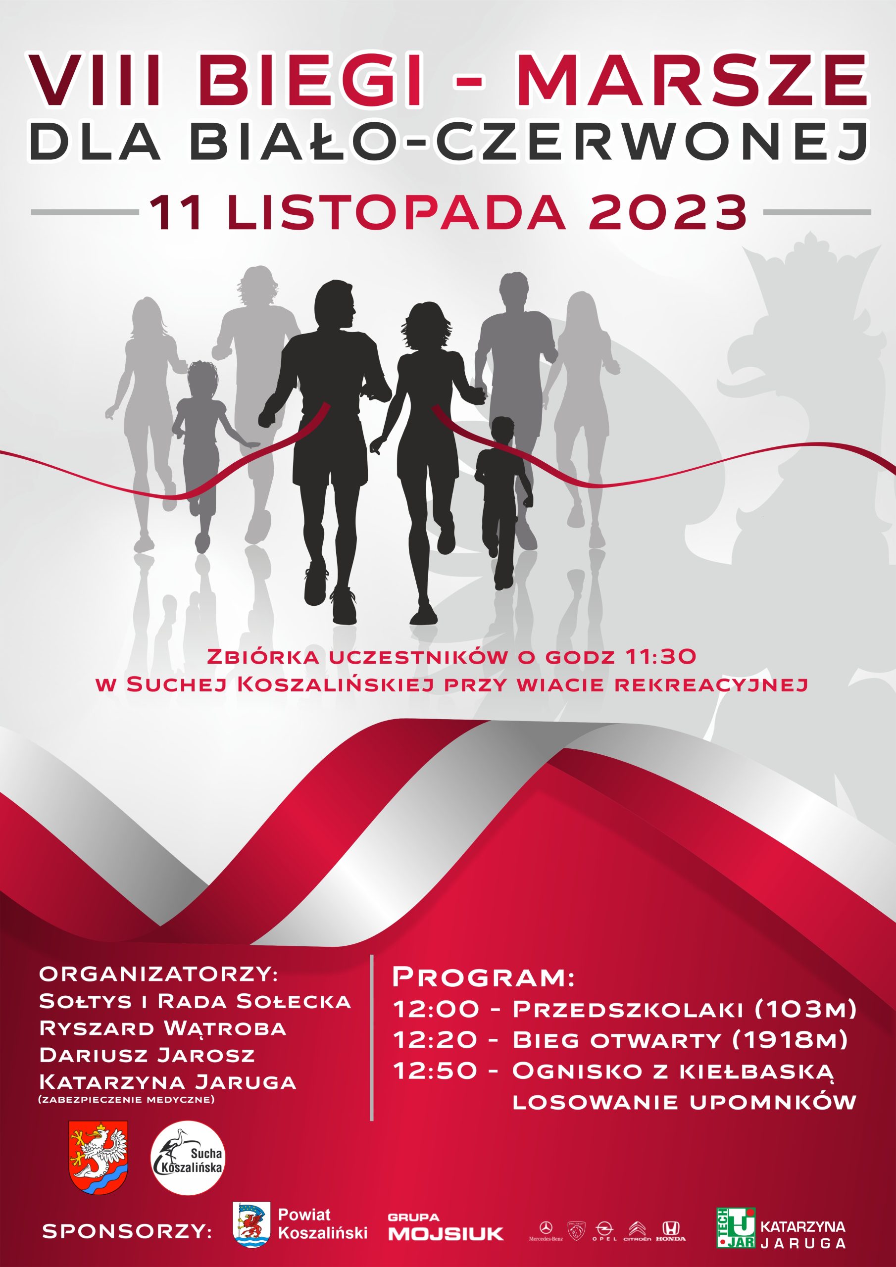 Plakat z zaproszeniem na 8 biegi marsze dla biało czerwonej w Suchej Koszalińskiej