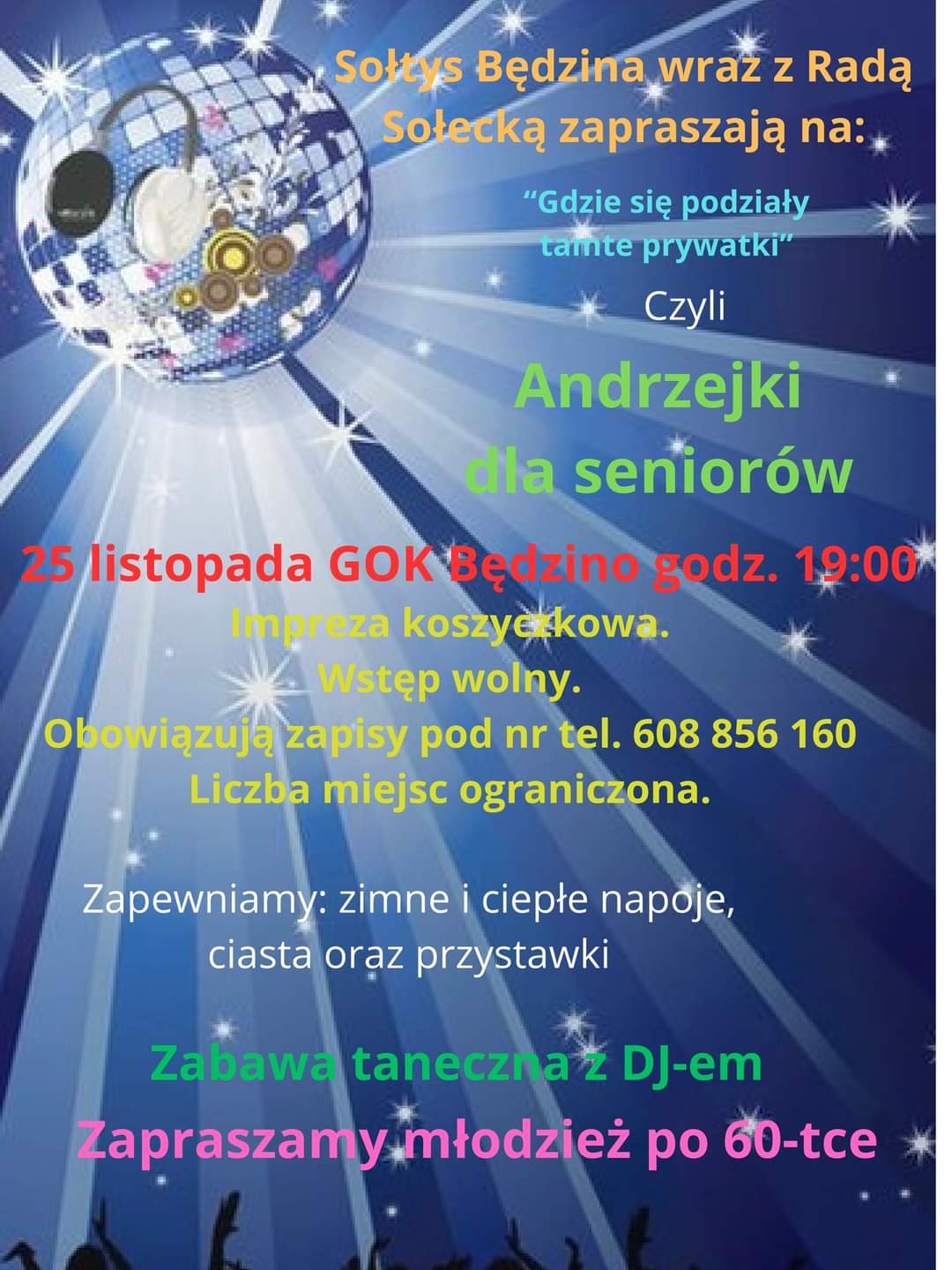 Plakat z zaproszeniem na andrzejki dla seniorów 25 listopada 2023 w Będzinie