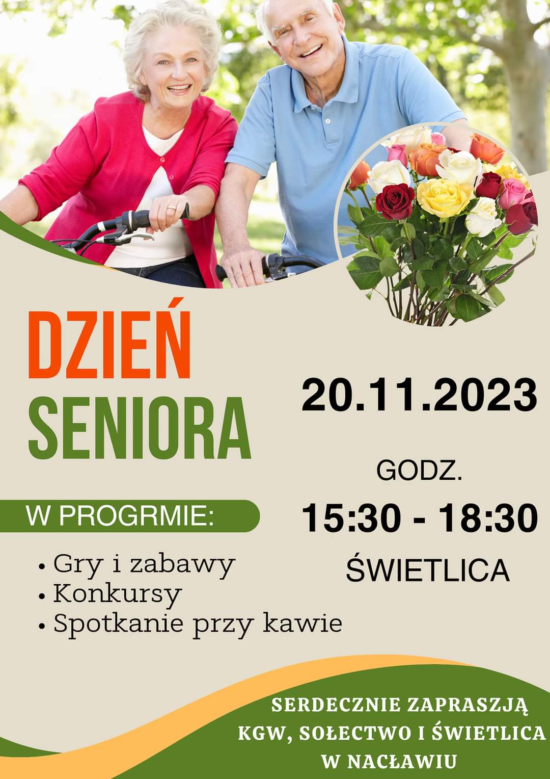 Plakat z zaproszeniem na dzień seniora 20 listopada w świetlicy w Nacławiu