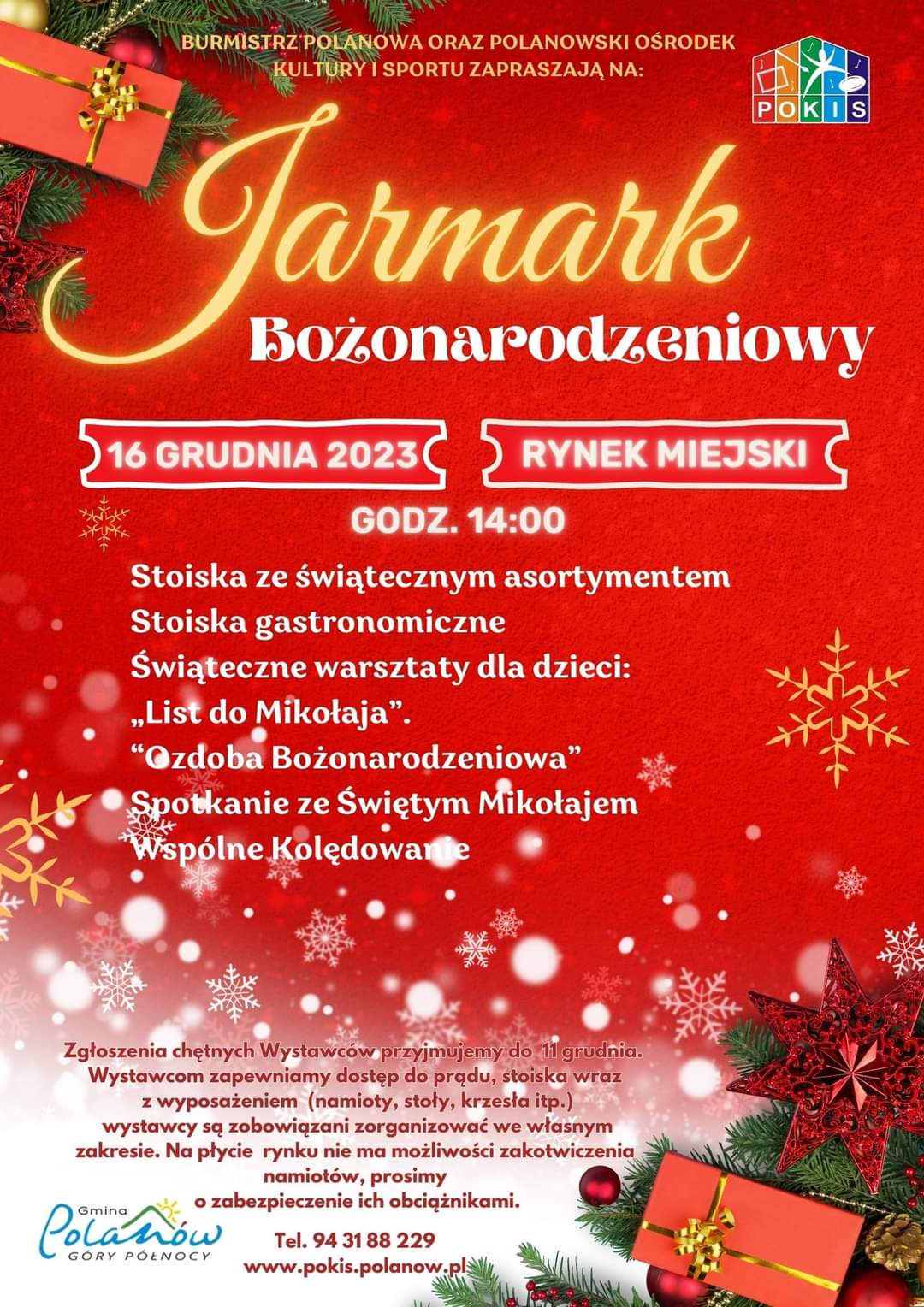 Plakat z zaproszeniem na jarmark bożonarodzeniowy w Polanowie 16 grudnia 2023 Rynek Miejski