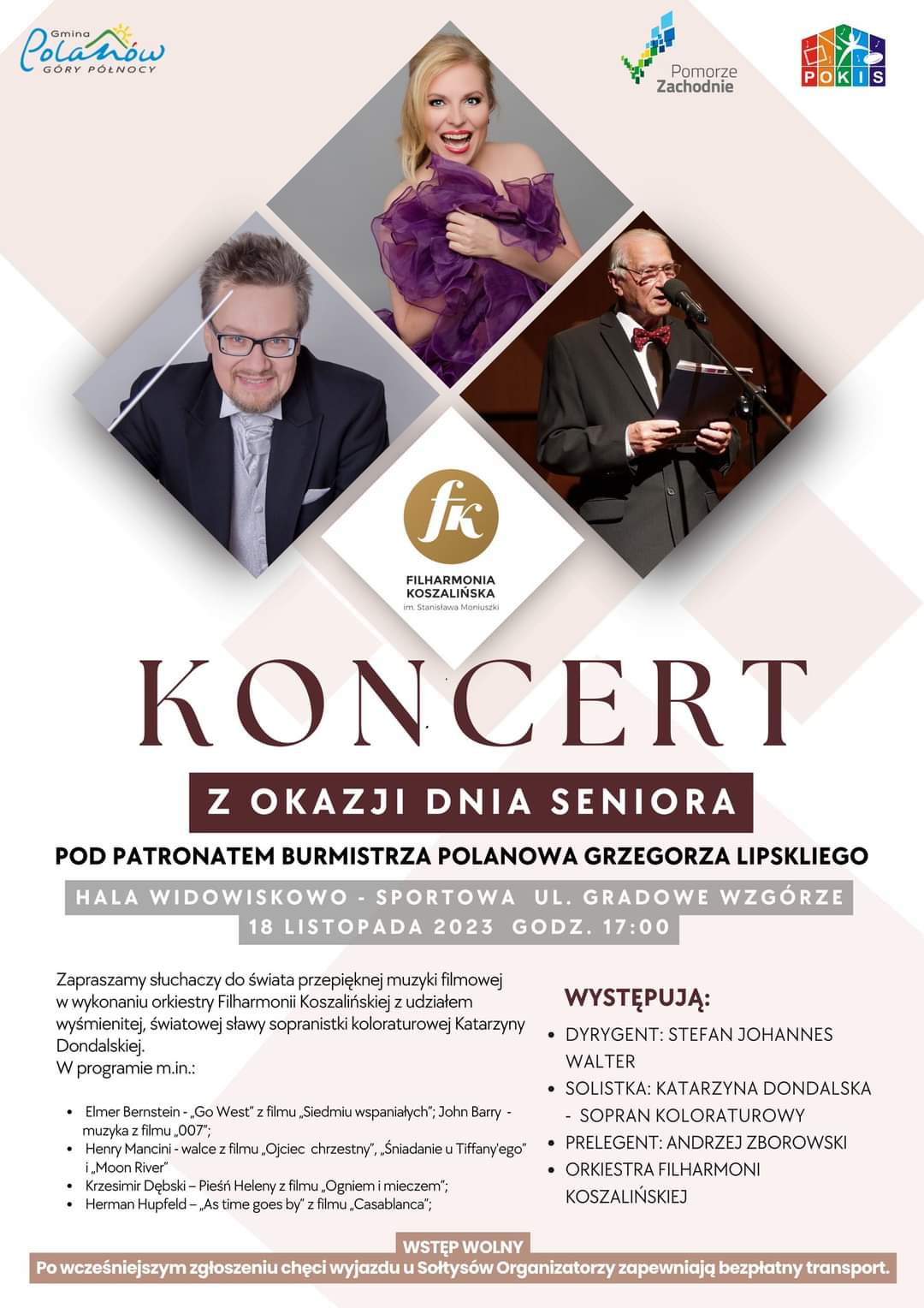 Plakat z zaproszeniem na koncert z okazji dnia seniora w Polanowie 18 listopada 2023