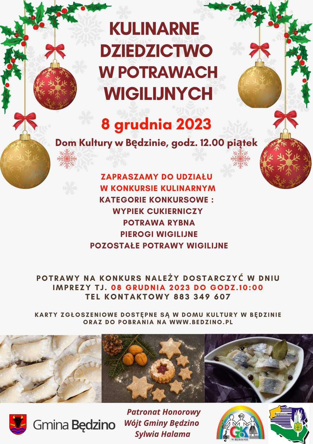 Plakat z zaproszeniem na kulinarne dziedzictwo w potrawach wiglijnych 8 grudnia 2023 w Będzinie