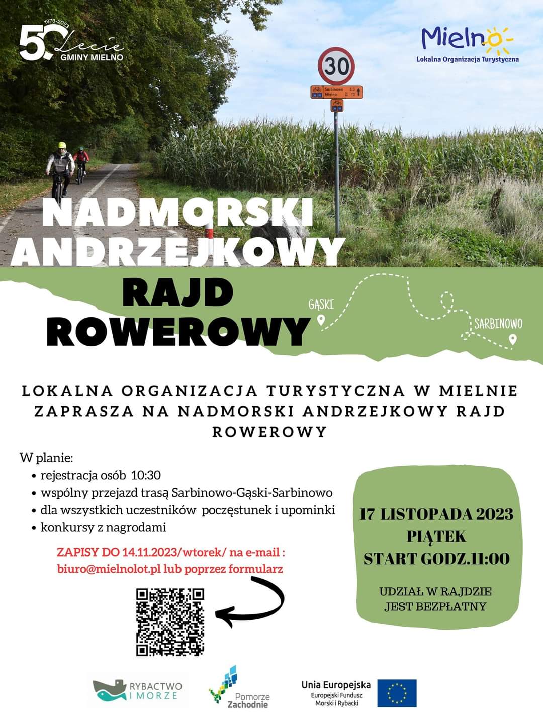 Plakat z zaproszeniem na nadmorski andrzejkowy rajd rowerowy w Mielnie 17 listopada 2023