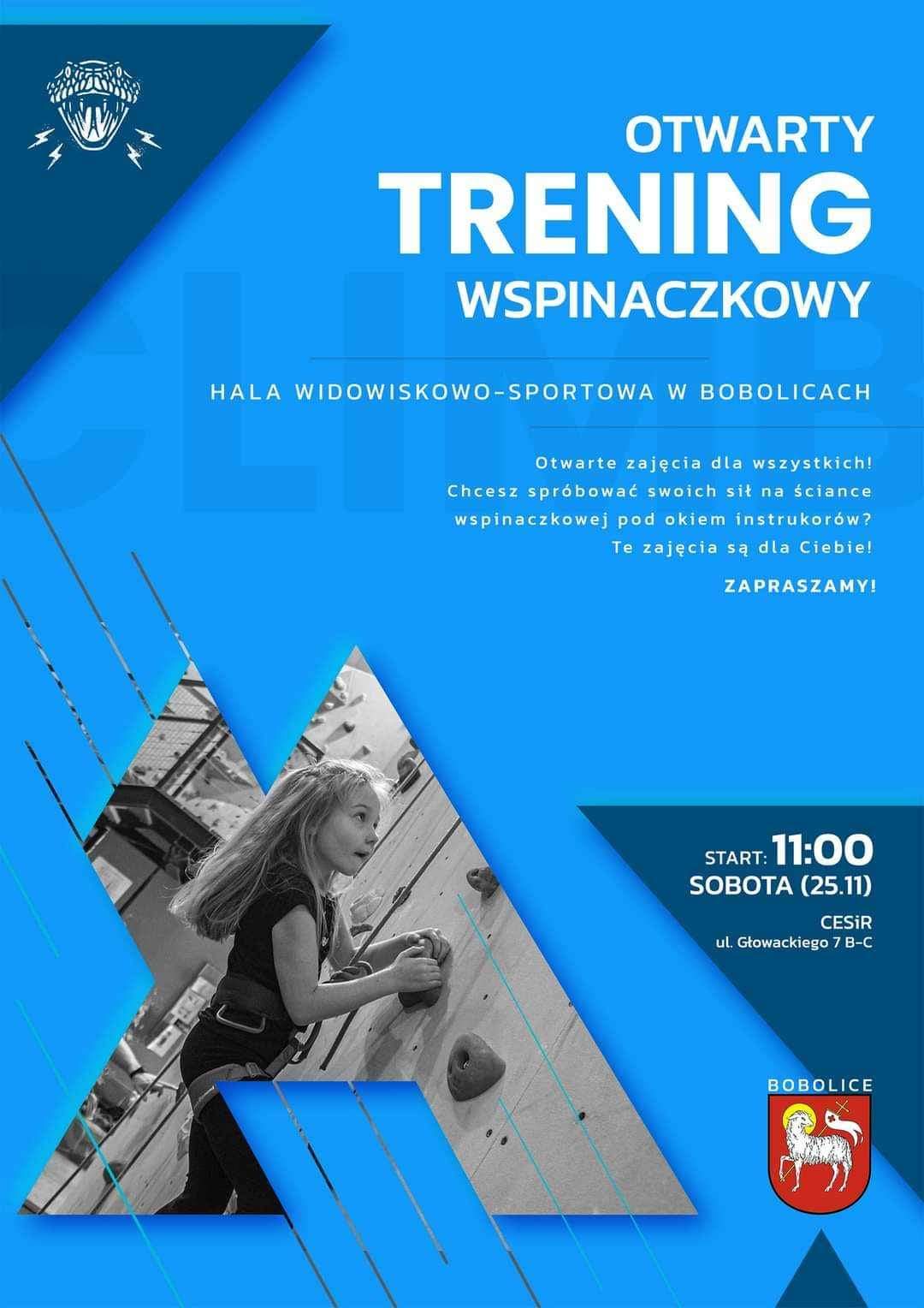 Plakat z zaproszeniem na otwarty trening wspinaczkowy w Bobolicach 25 listopada 2023