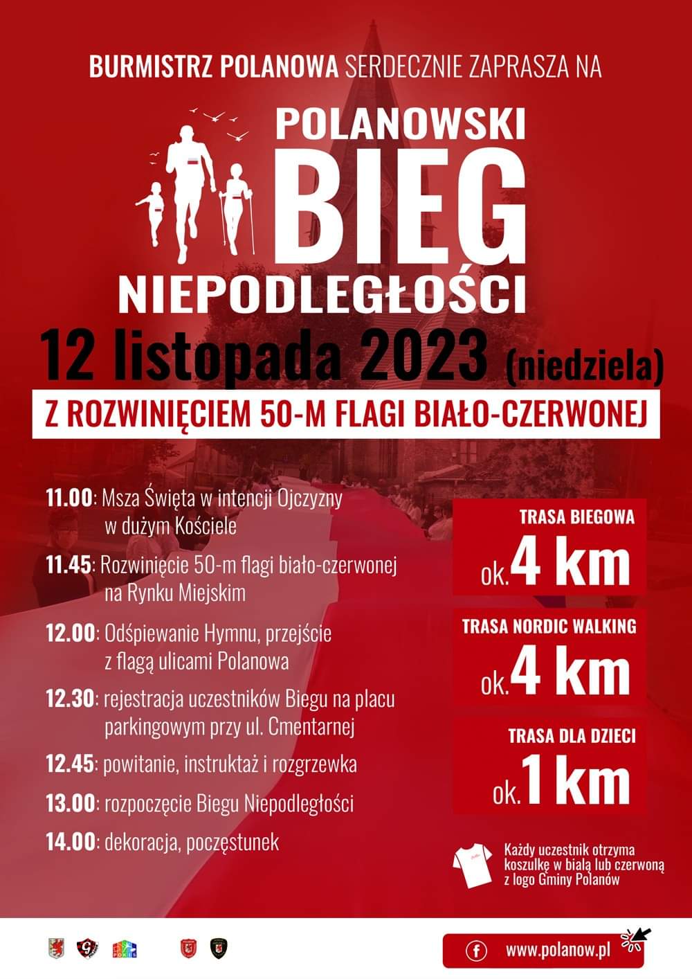 Plakat z zaproszeniem na polanowski bieg niepodległości 12 listopada 2023 w Polanowie