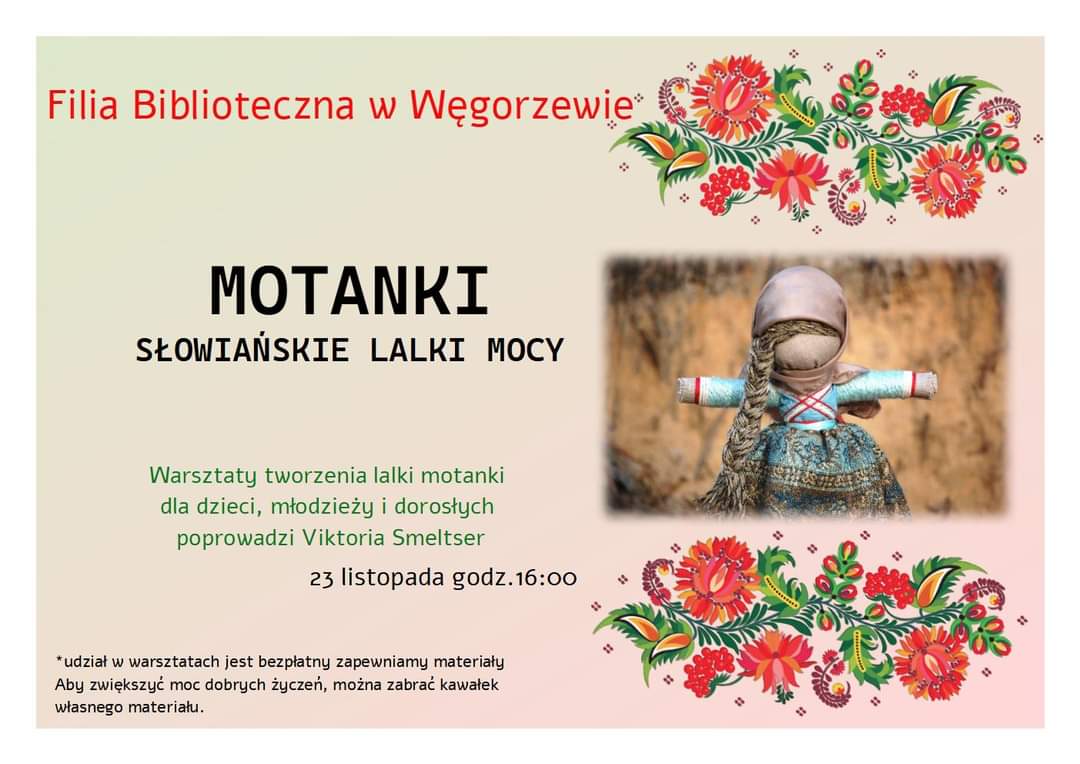 Plakat z zaproszeniem na warsztaty tworzenia lalki motanki 23 listopada 2023 w bibliotece w Węgorzewie