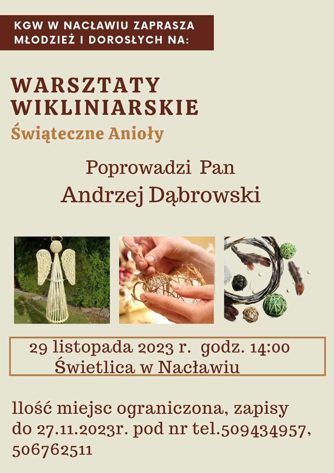 Plakat z zaproszeniem na warsztaty wikliniarskie świąteczne anioły 29 listopada 2023 w Nacławiu