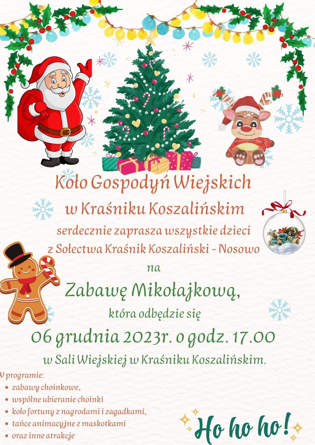 Plakat z zaproszeniem na zabawę mikołajkową 6 grudnia 2023 w Kraśniku Koszalińskim