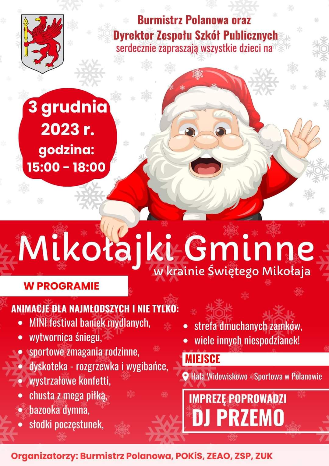 Plakat z zaproszeniem na Mikołajki Gminne w Polanowie 3 grudnia 2023