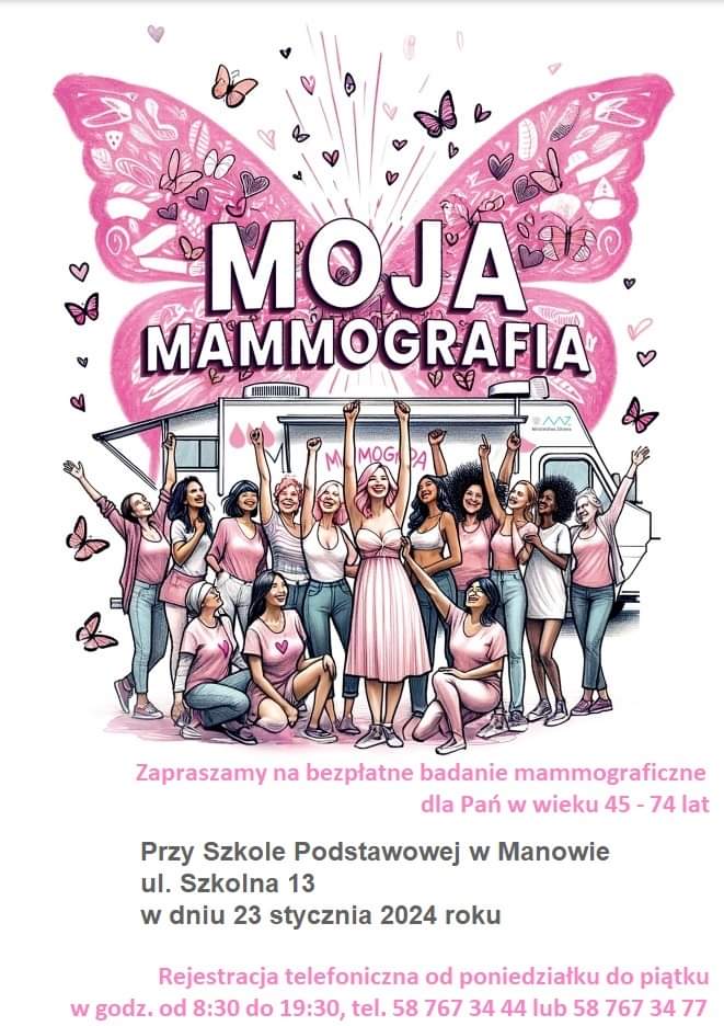 Plakat z zaproszeniem na bezpłatne badania mammograficzne dla Pań w wieku 45 do 74 w dniu 23 stycznia 2024 w Manowie