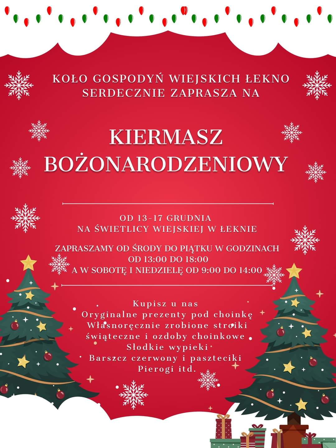 Plakat z zaproszeniem na kiermasz bożonarodzeniowy w Łeknie od 13 do 17 grudnia 2023