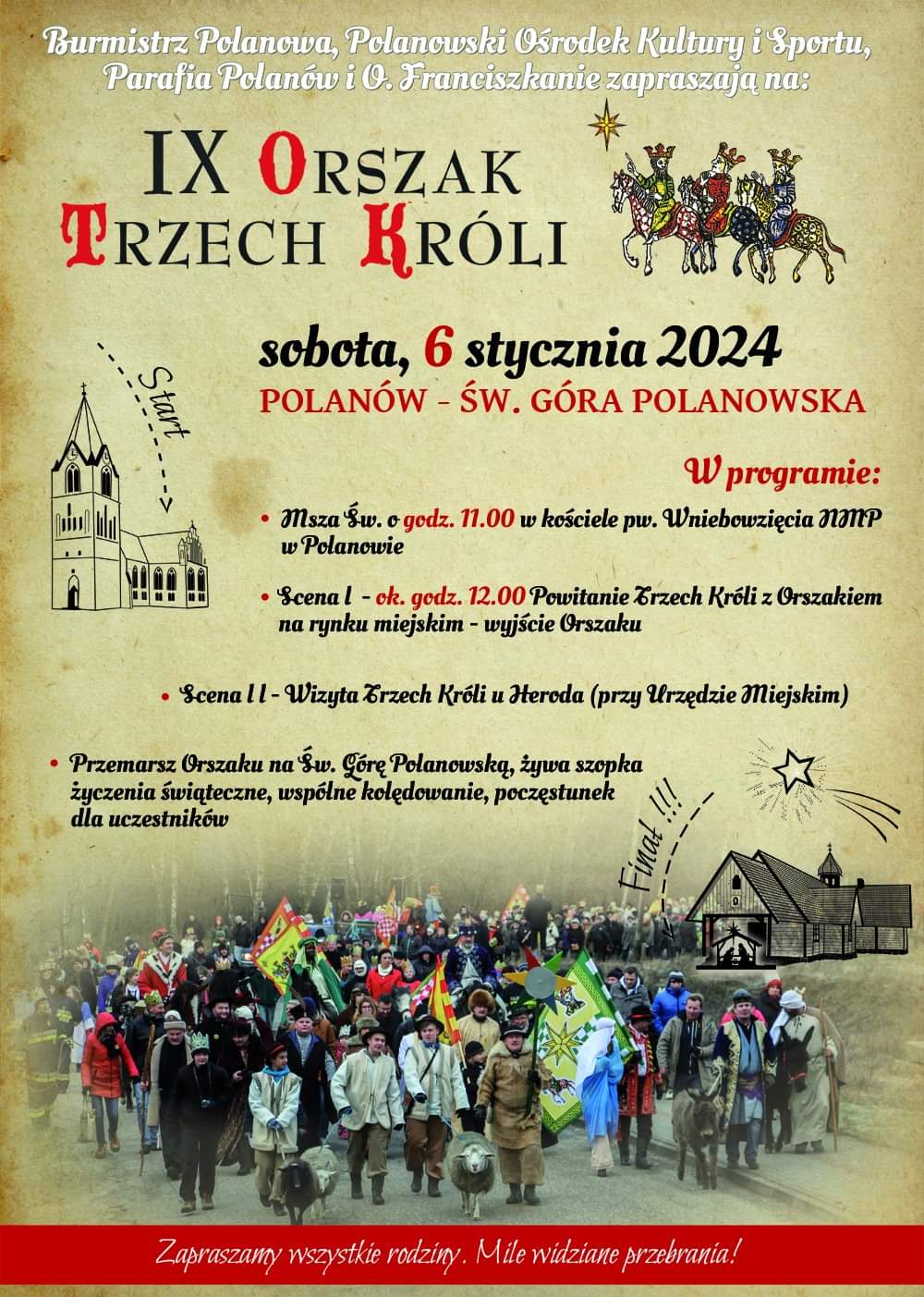 Plakat z zaproszeniem na 9 orszak Trzech Króli 6 stycznia 2024 w Polanowie
