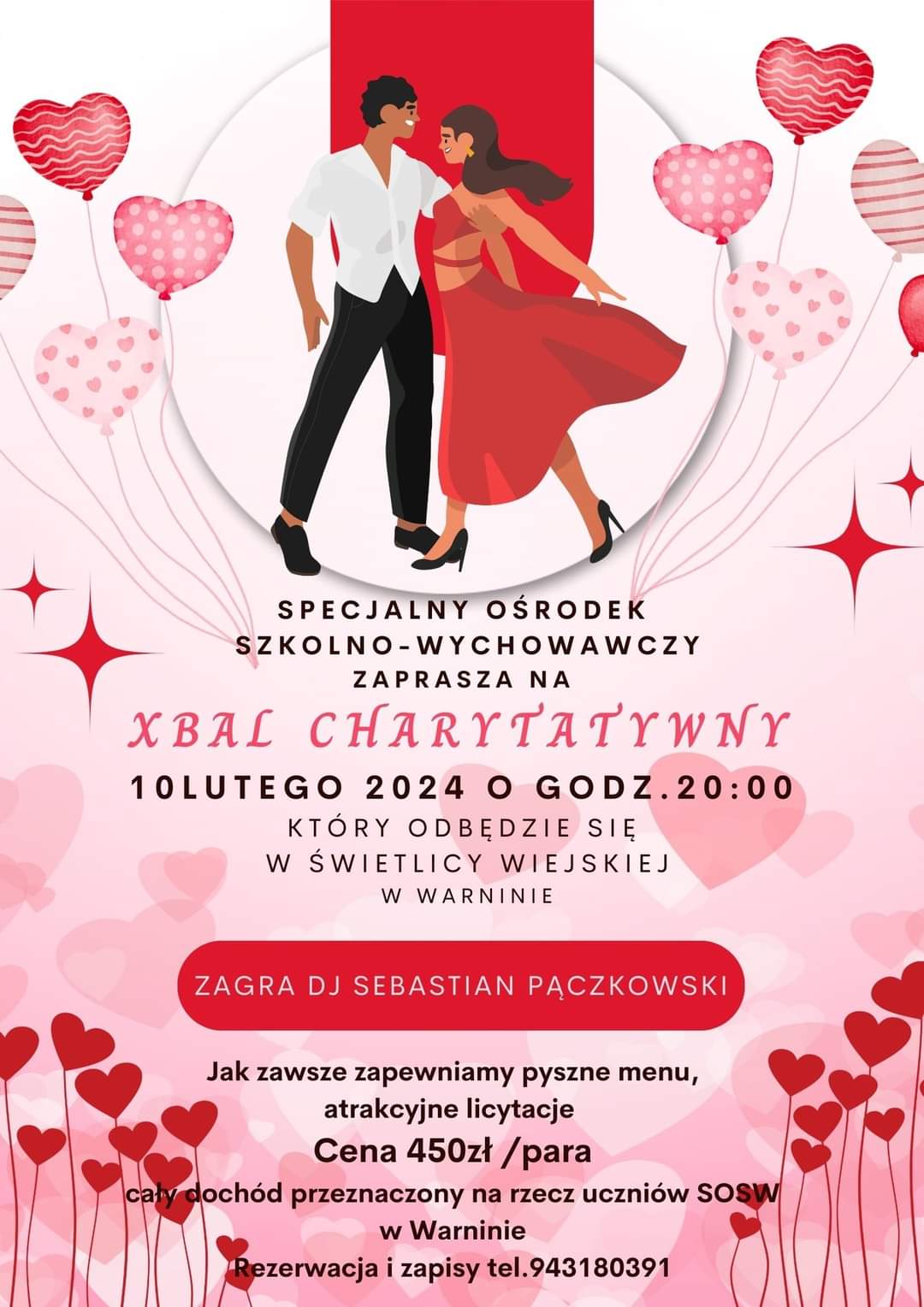 Plakat z zaproszeniem na Bal charytatywny w SOSW w Warninie 10 lutego 2024