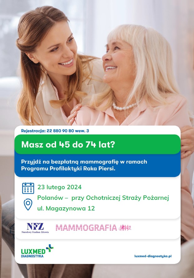 Plakat z zaproszeniem na badania mammografii w Polanowie 23 lutego 2024
