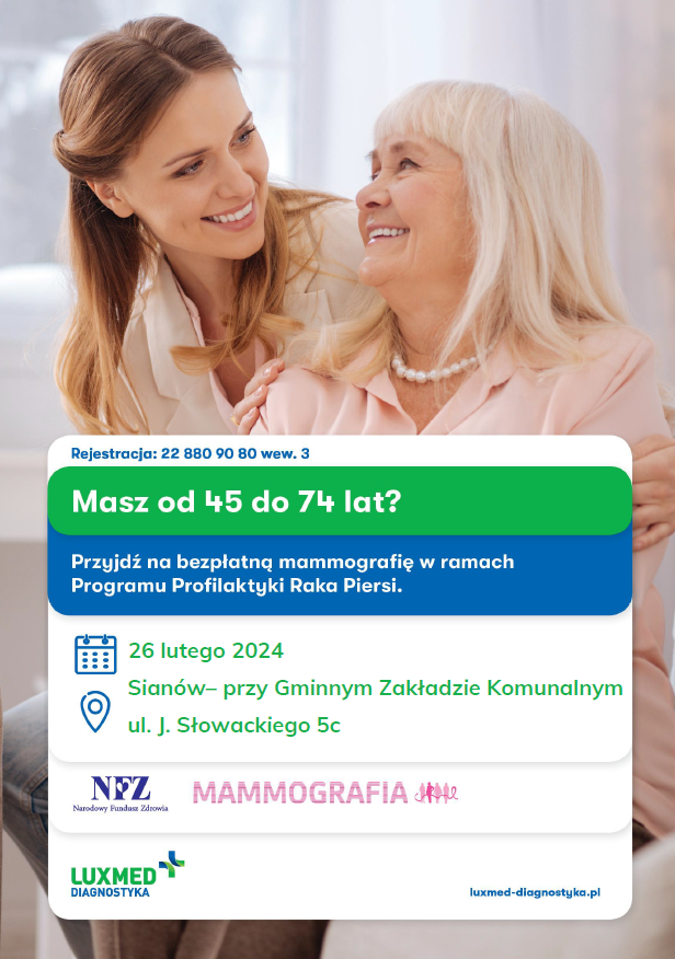 Plakat z zaproszeniem na badania mammografii w Sianowie 26 lutego 2024