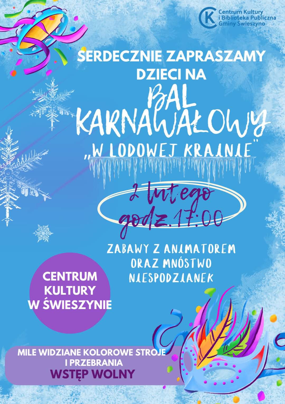 Plakat z zaproszeniem na bal karnawałowy w Świeszynie 2 lutego 2024