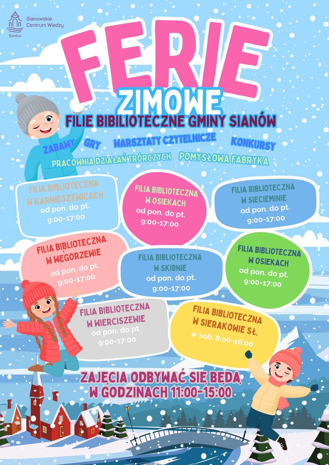 Plakat z zaproszeniem na ferie zimowe biblioteczne w Sianowie