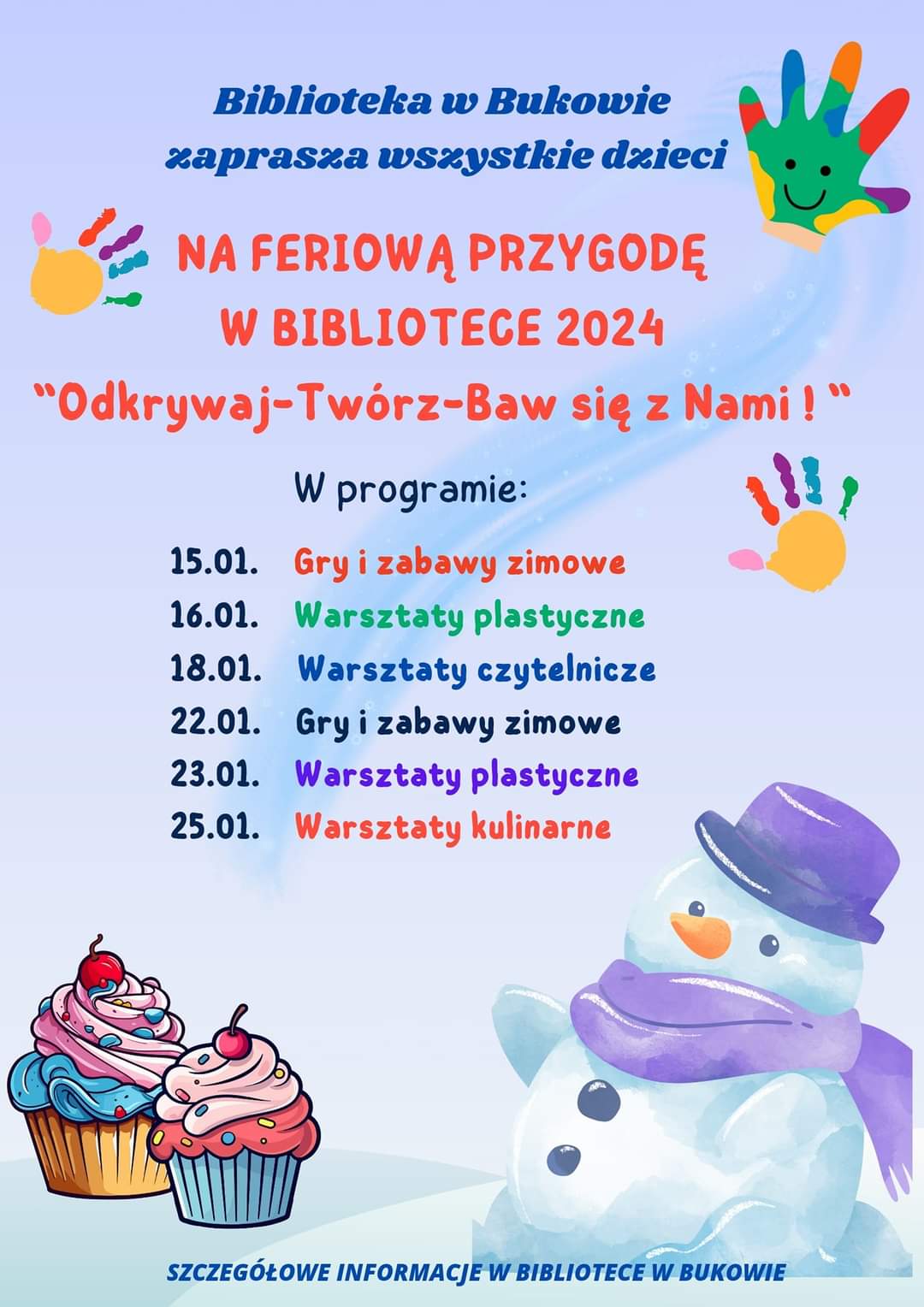 Plakat z zaproszeniem na ferie zimowe w Polanowie, miejscowość Bukowo