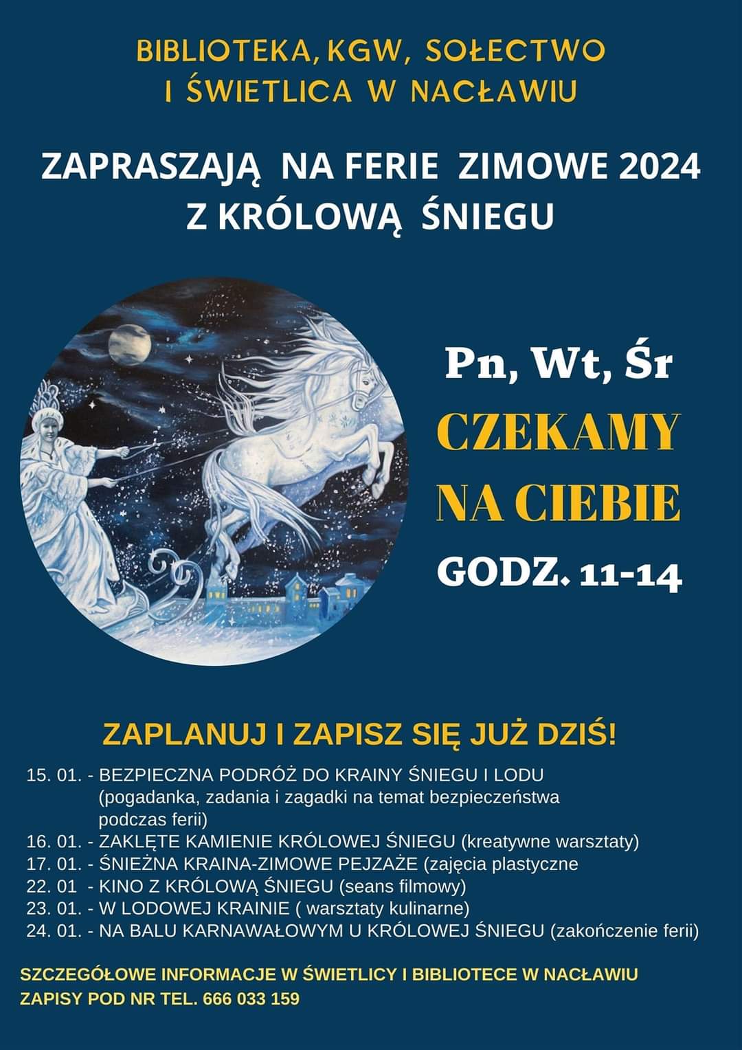 Plakat z zaproszeniem na ferie zimowe w Polanowie, miejscowość Nacław