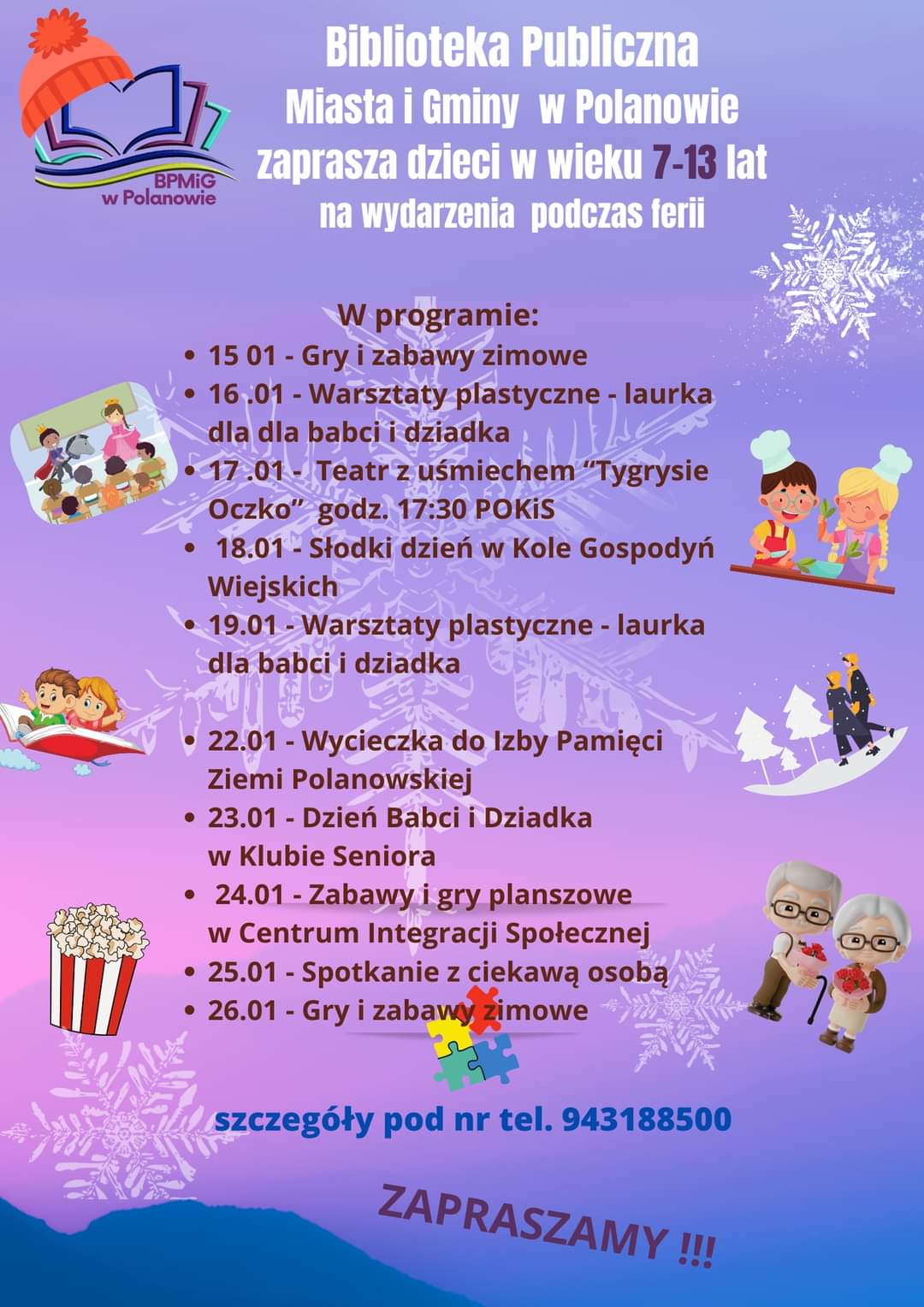 Plakat z zaproszeniem na ferie zimowe w Polanowie,biblioteka