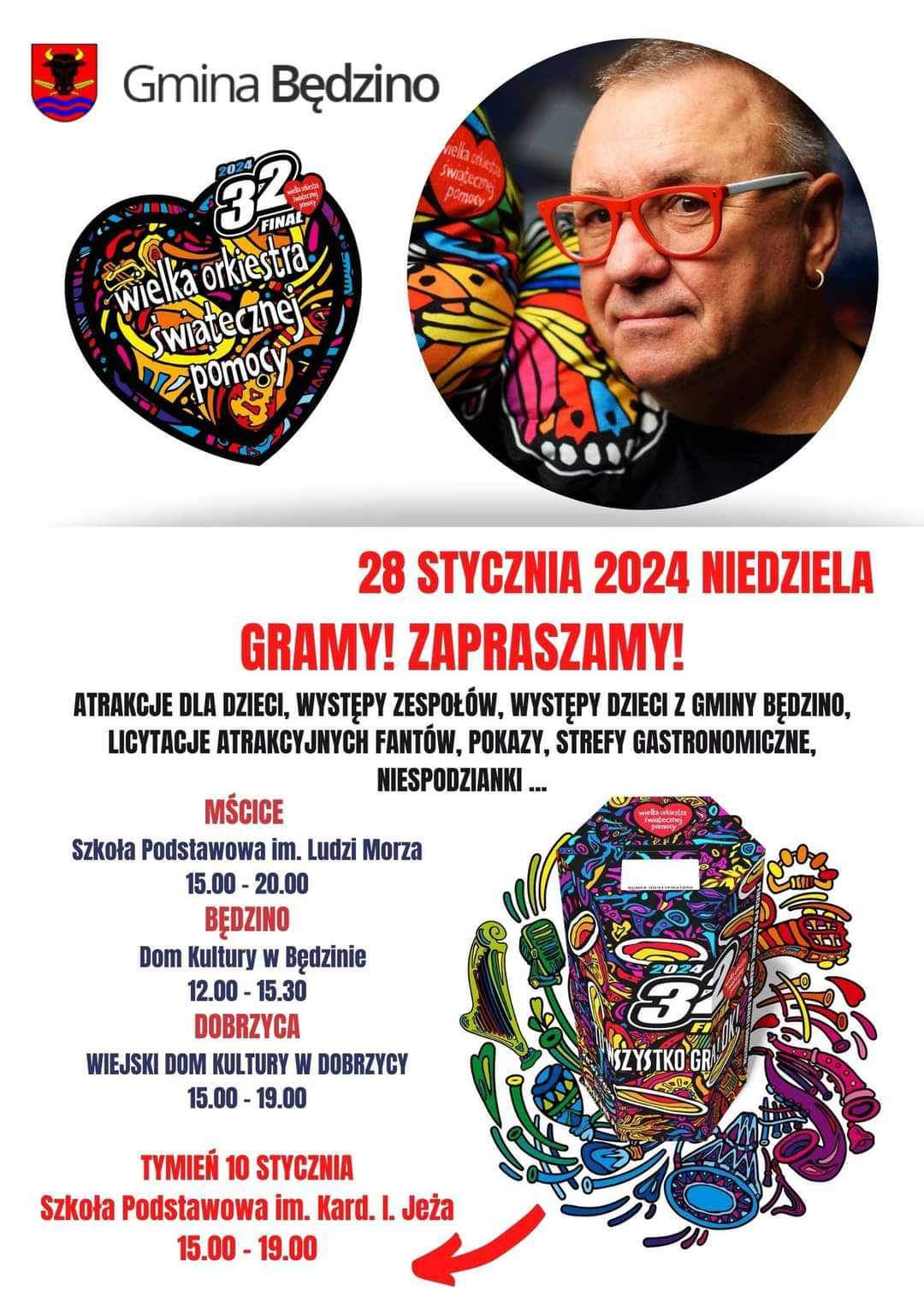 Plakat z zaproszeniem na finał WOŚP w Mścicach 28 stycznia 2024