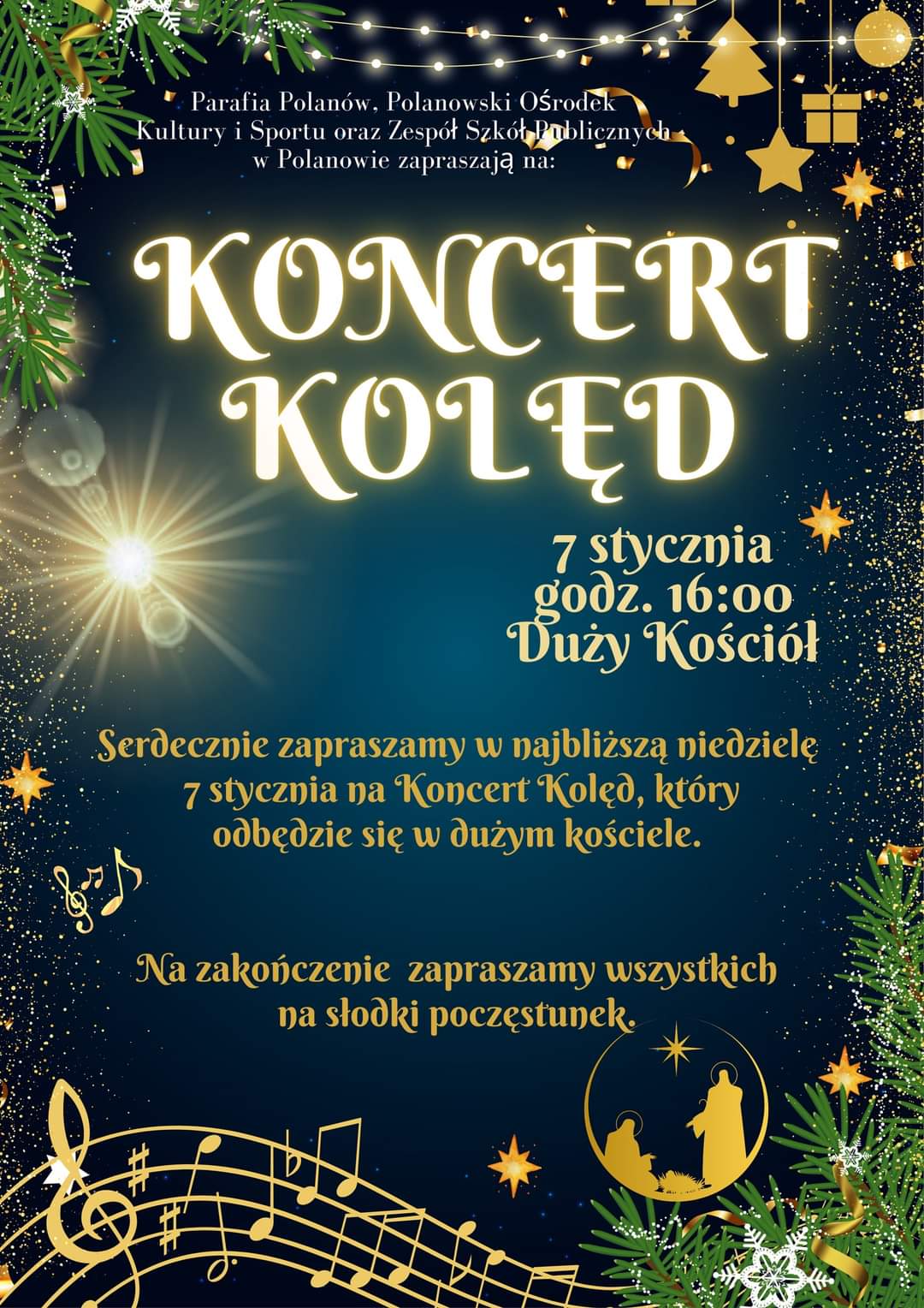 Plakat z zaproszeniem na koncert kolęd w Polanowie 7 stycznia 2024