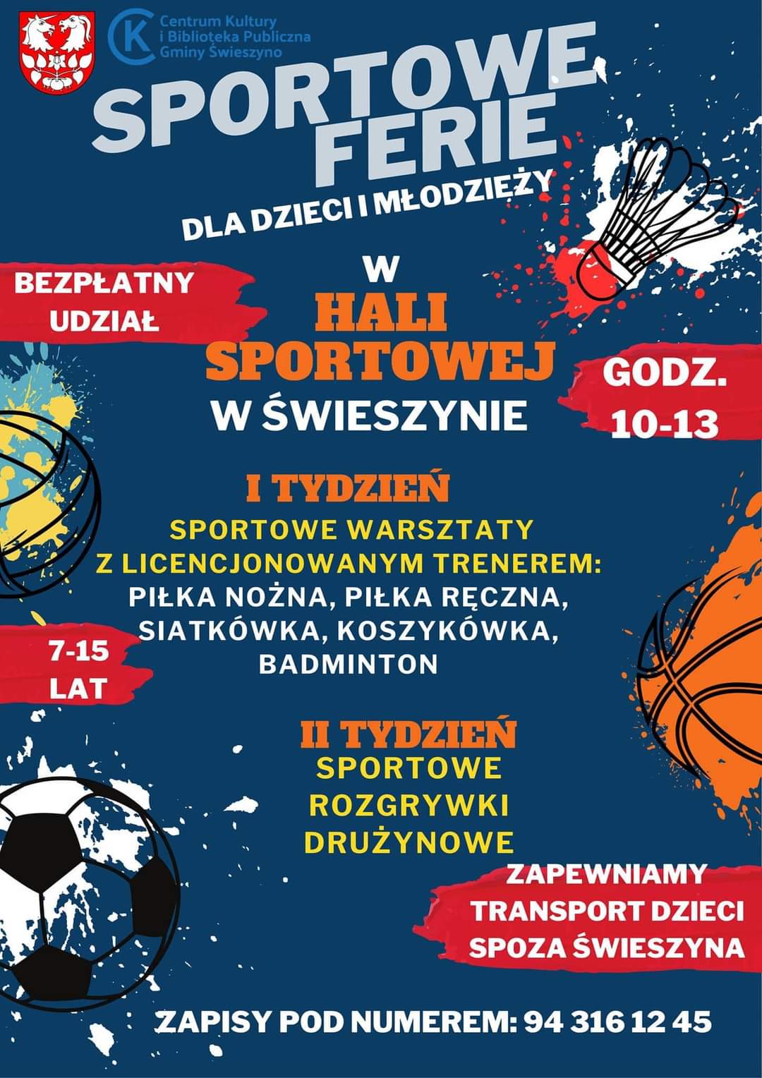 Plakat z zaproszeniem na sportowe ferie dla dzieci i młodzieży w Świeszynie