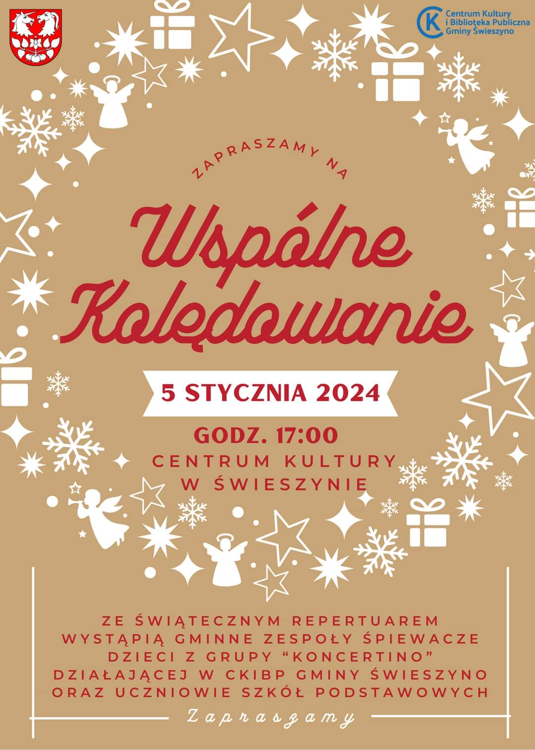 Plakat z zaproszeniem na wspólne kolędowanie w Świeszynie 5 stycznia 2024