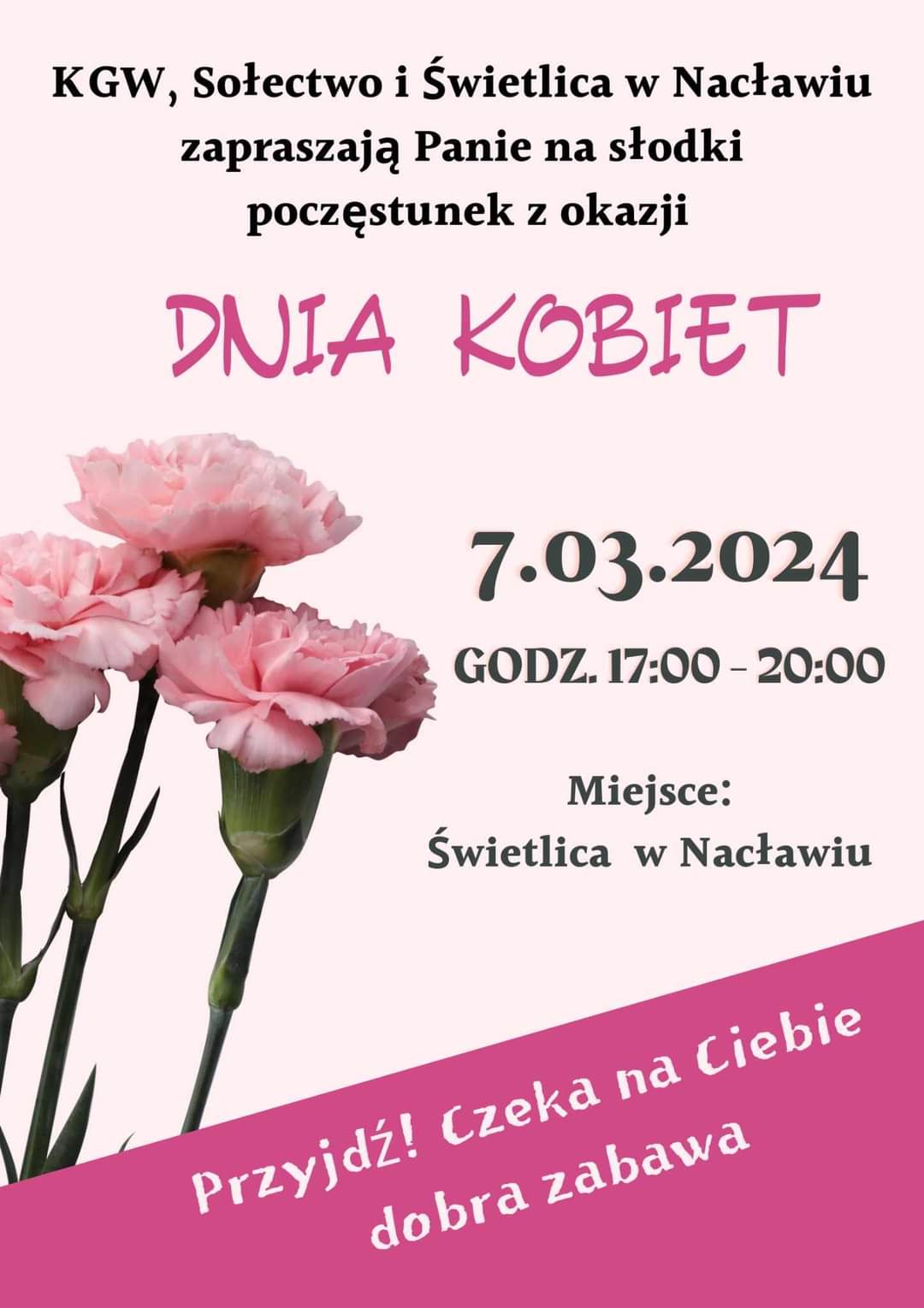 Plakat z zaproszeniem na Dzień Kobiet w Nacławiu 7 marca 2024