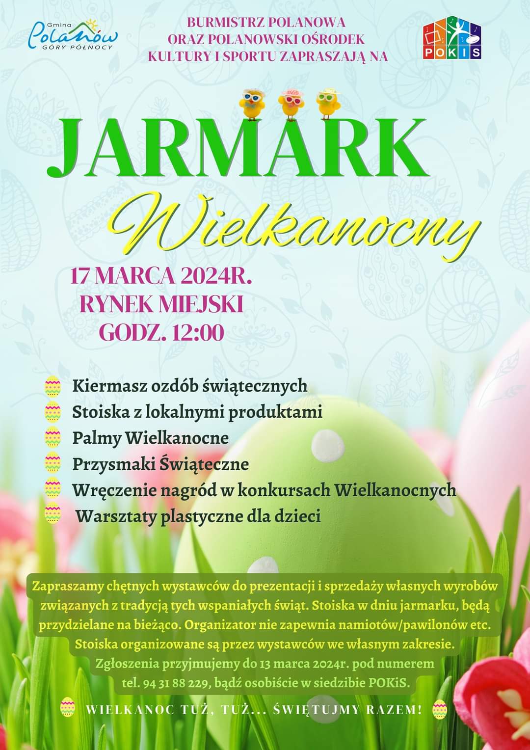 Plakat z zaproszeniem na Jarmark Wielkanocny w Polanowie 17 marca 2024