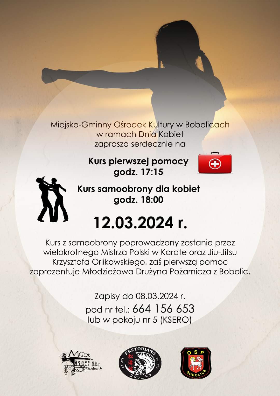Plakat zapraszający na kurs pierwszej pomocy w Bobolicach 12 marca 2024