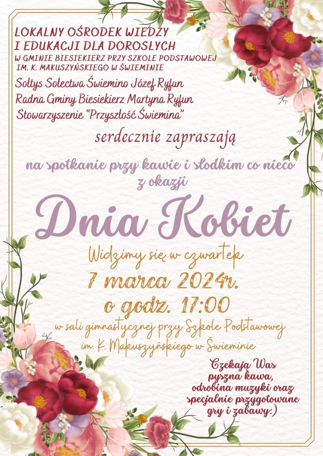 Plakat z zaproszeniem na Dzień Kobiet w Świeminie gmina Biesiekierz 7 marca 2024