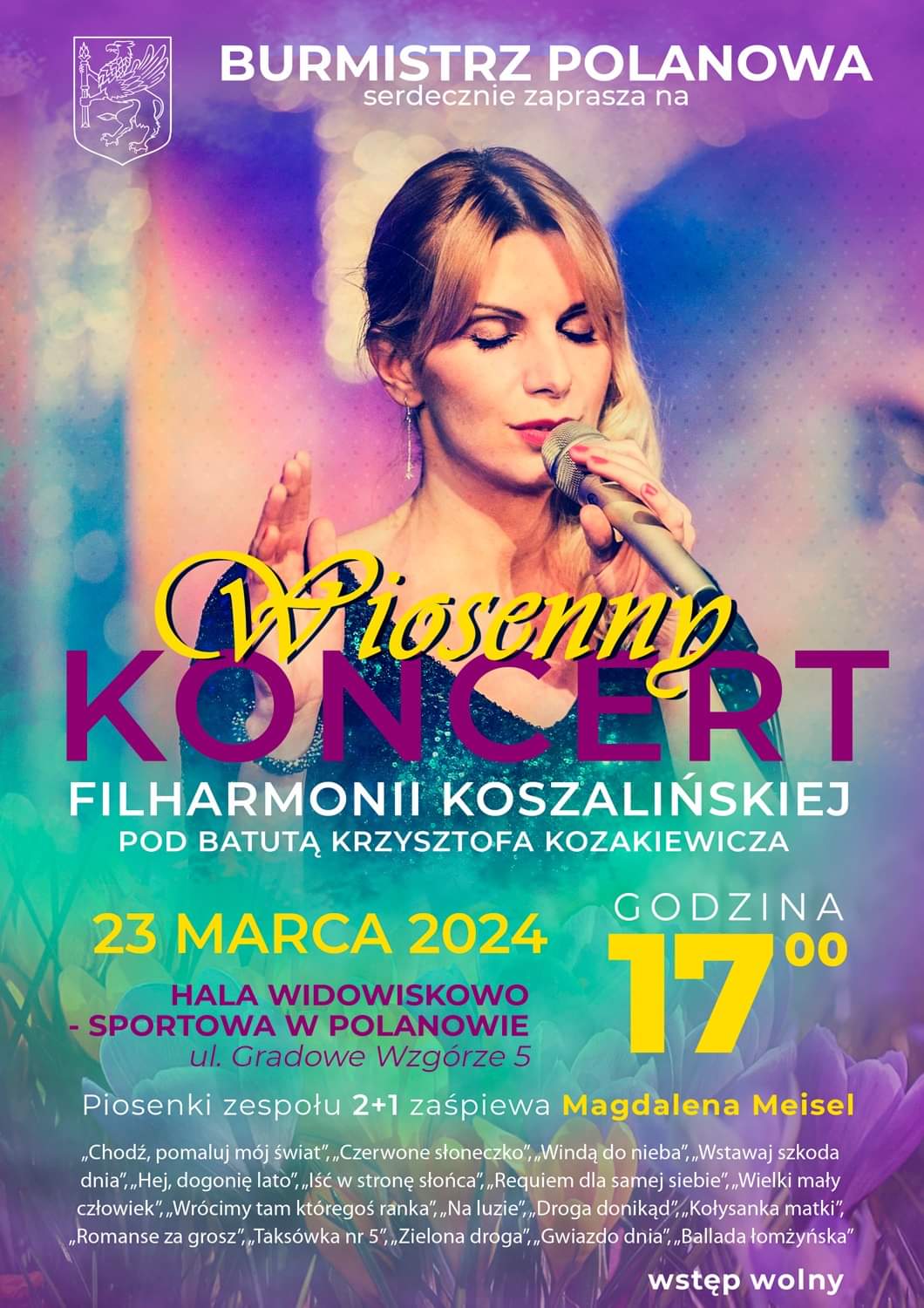 Plakat z zaproszeniem na wiosenny koncert w Polanowie 23 marca 2024 r.