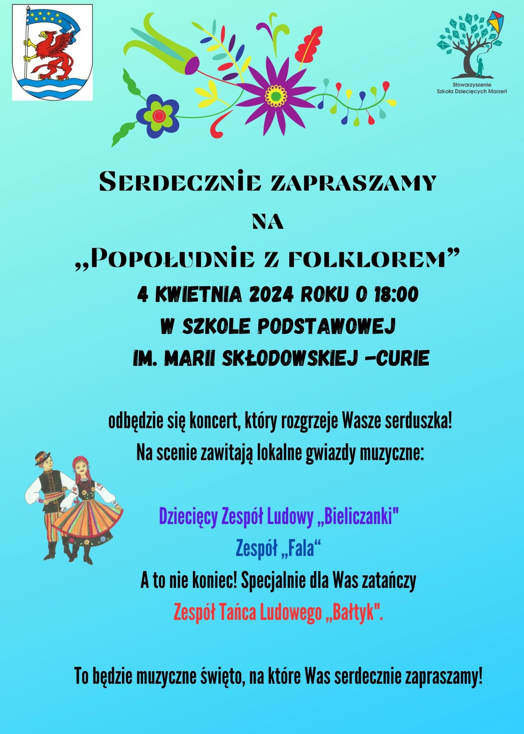 Plakat z informacją o koncercie popołudnie z folklorem w Starych Bielicach 4 kwietnia 2024