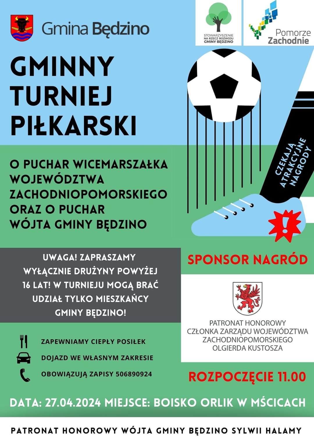 Plakat z zaproszeniem a gminny turniej piłkarki w Mścicach 27 kwietnia 2024
